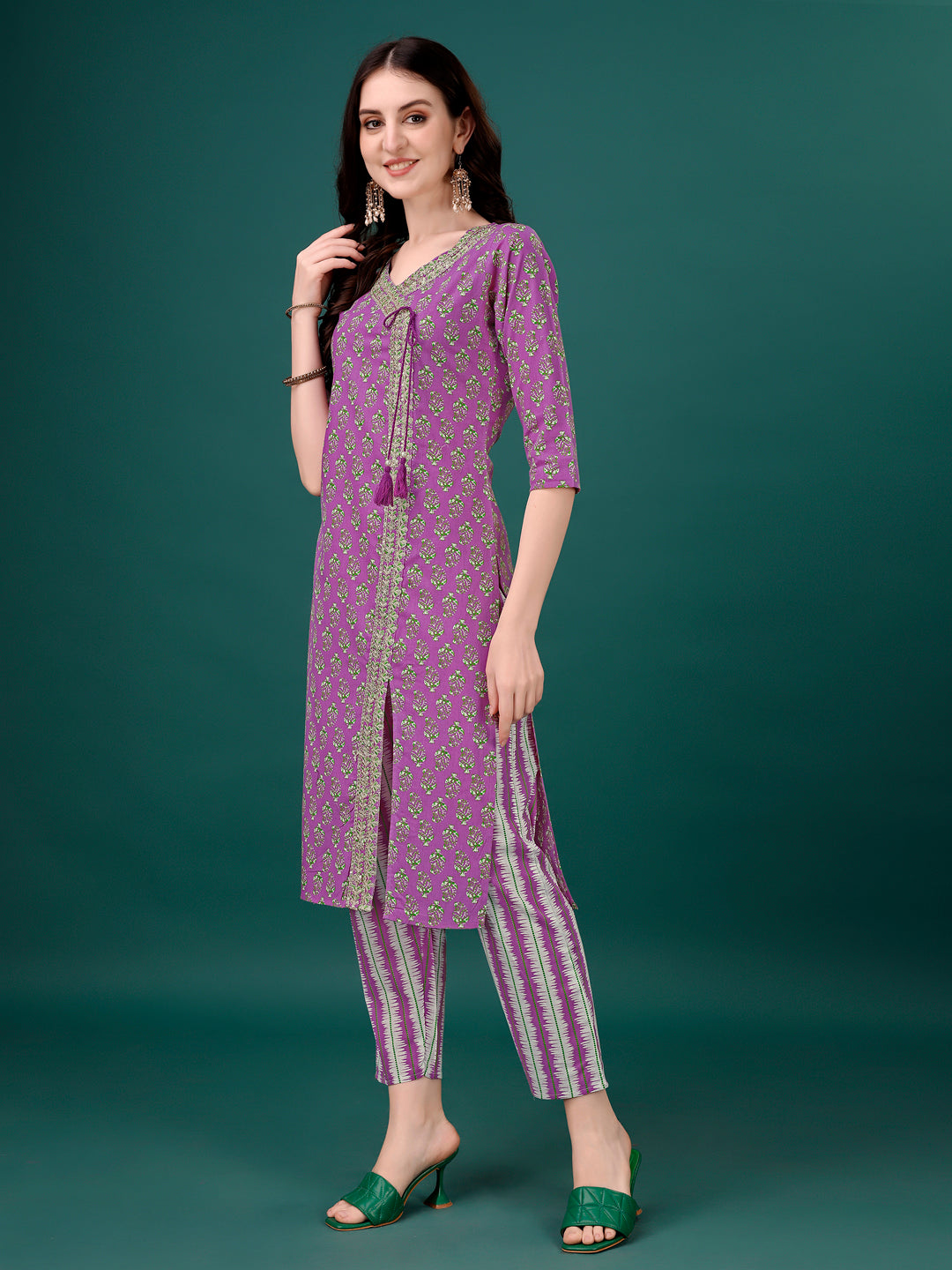 Embroidered & Printed Angrakha Style Kurta with printed Pant & Dupatta