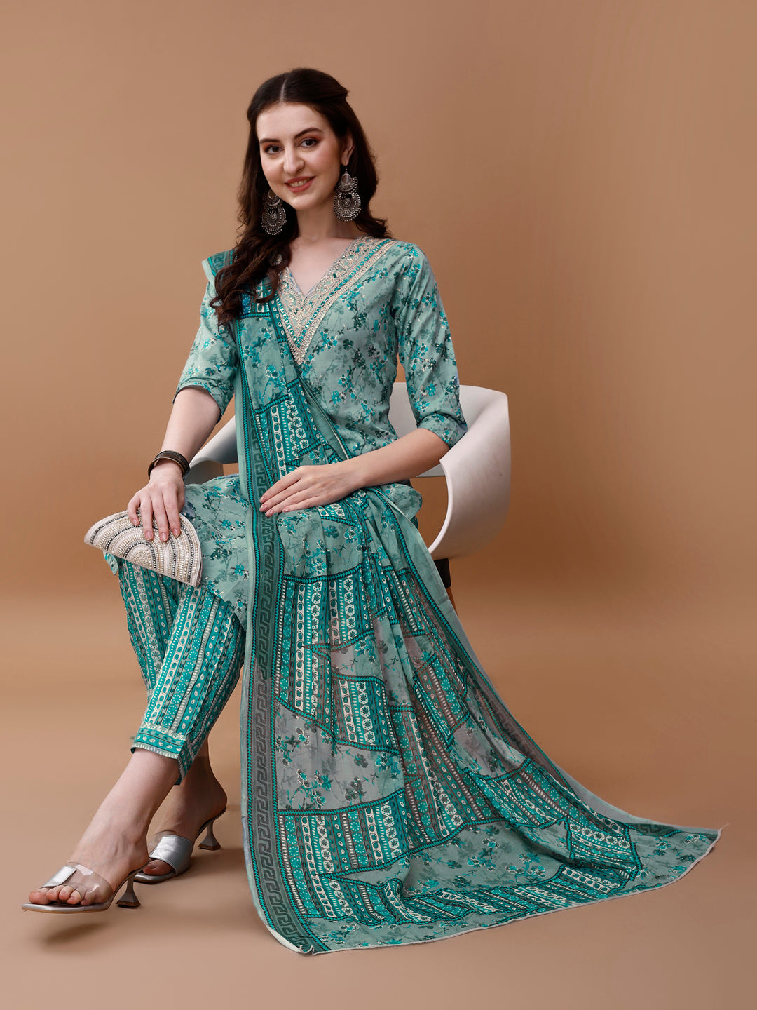 Embroidered and Floral Printed Kurta with pant & dupatta