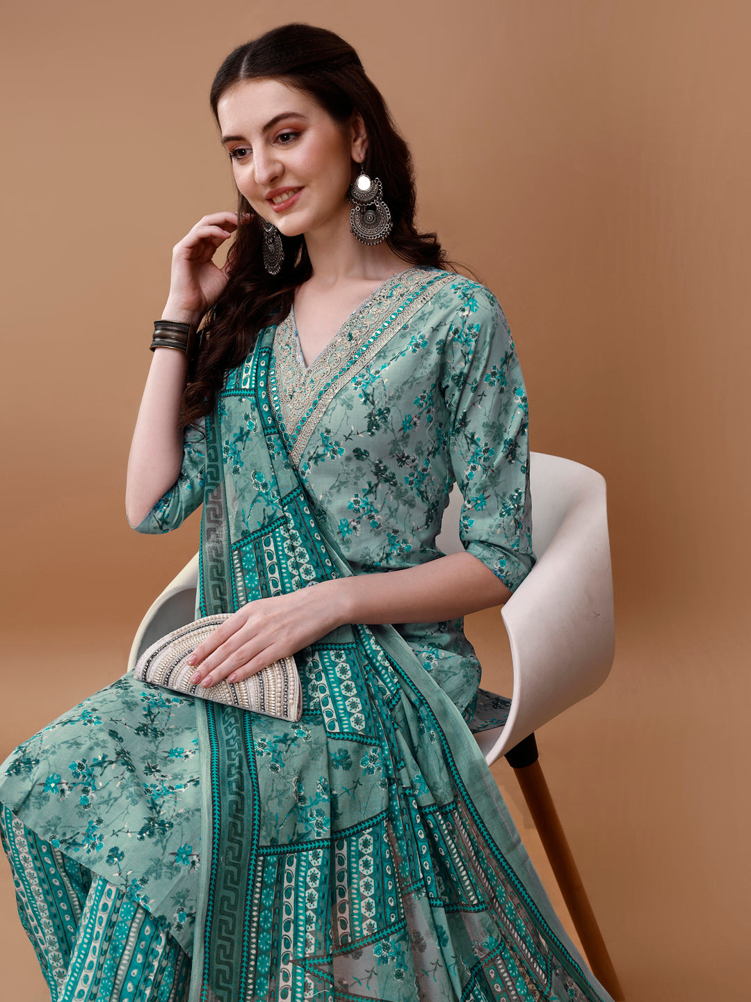 Embroidered and Floral Printed Kurta with pant & dupatta