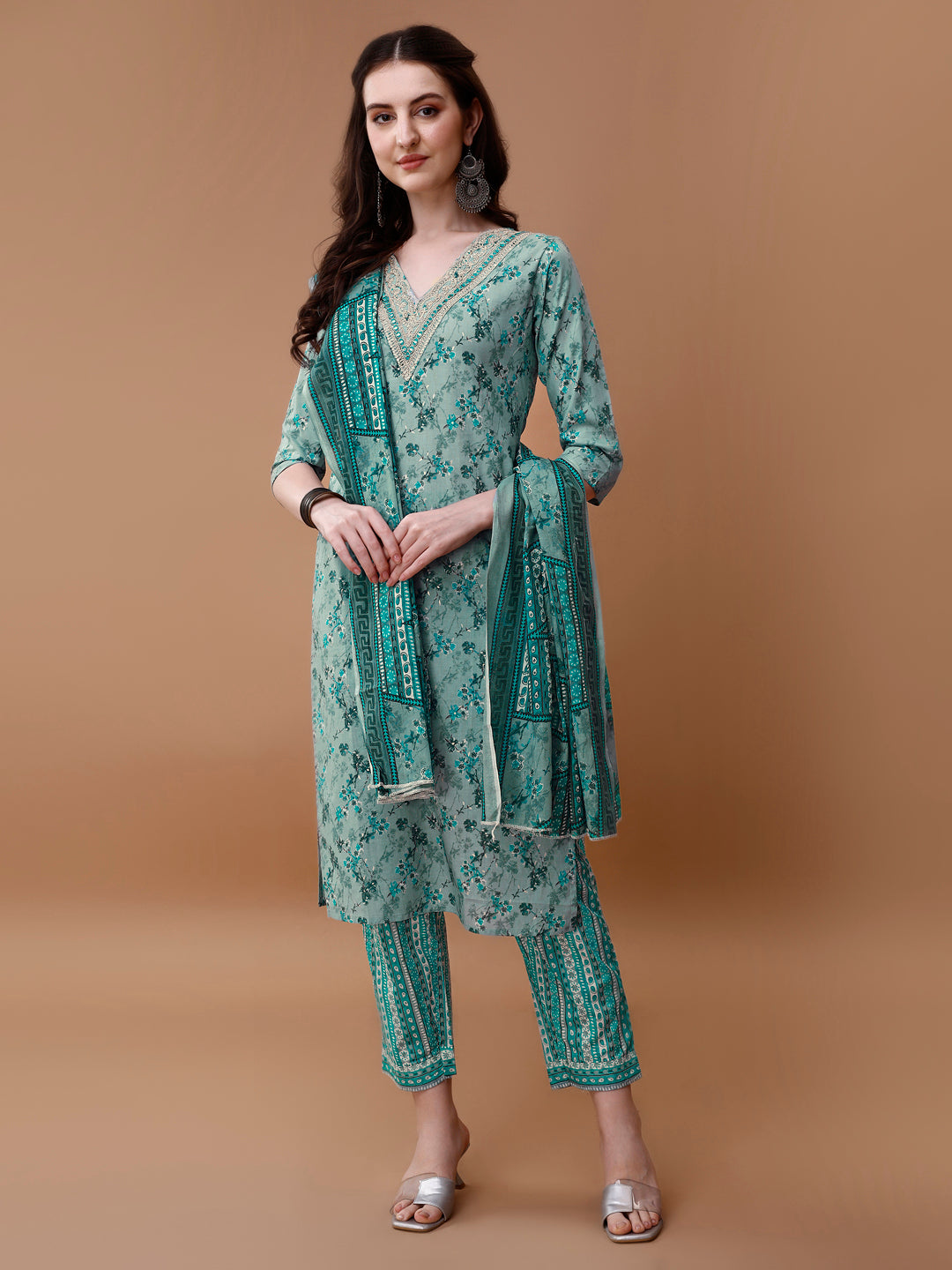 Embroidered and Floral Printed Kurta with pant & dupatta