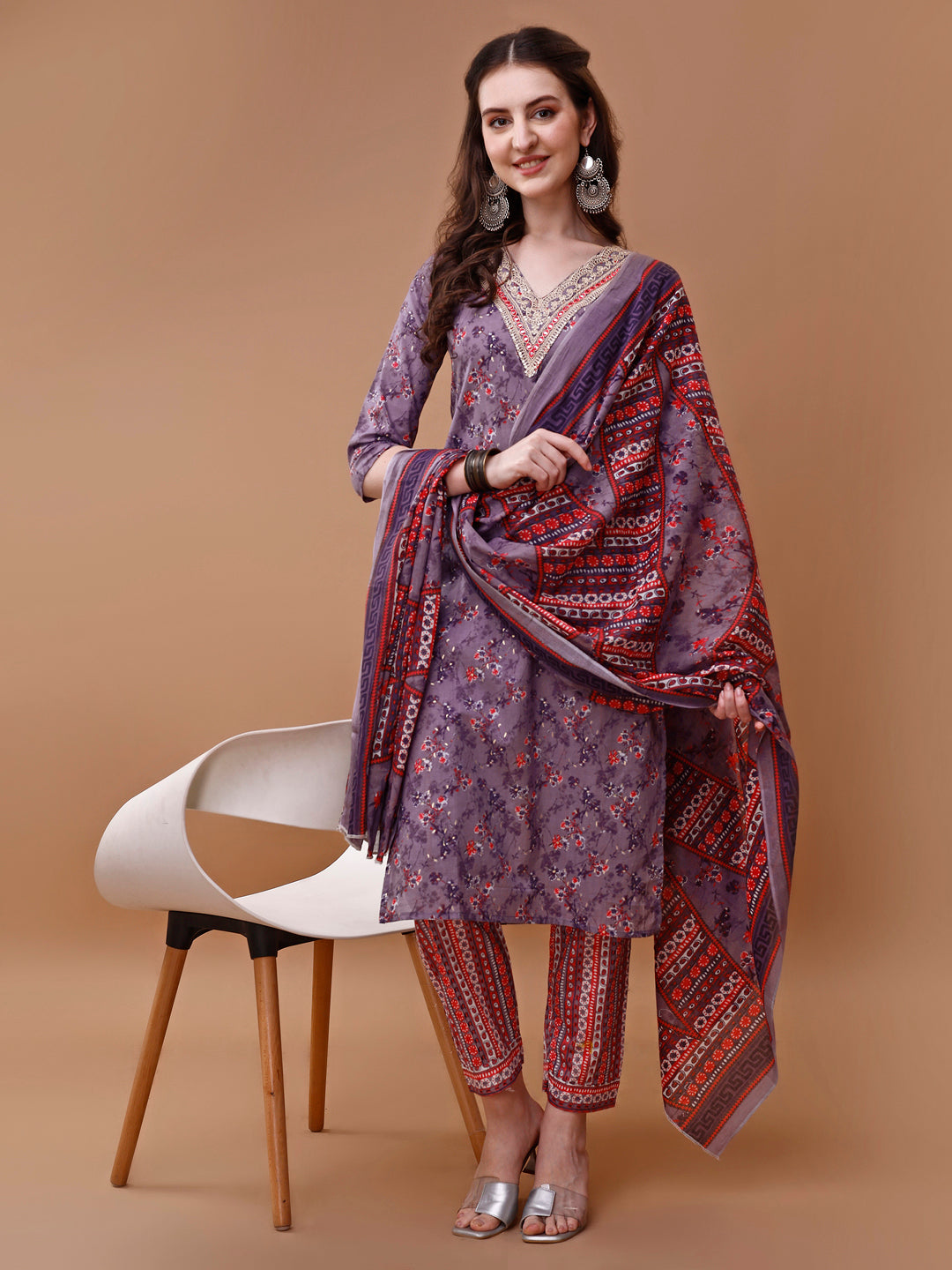 Embroidered and Floral Printed Kurta with pant & dupatta