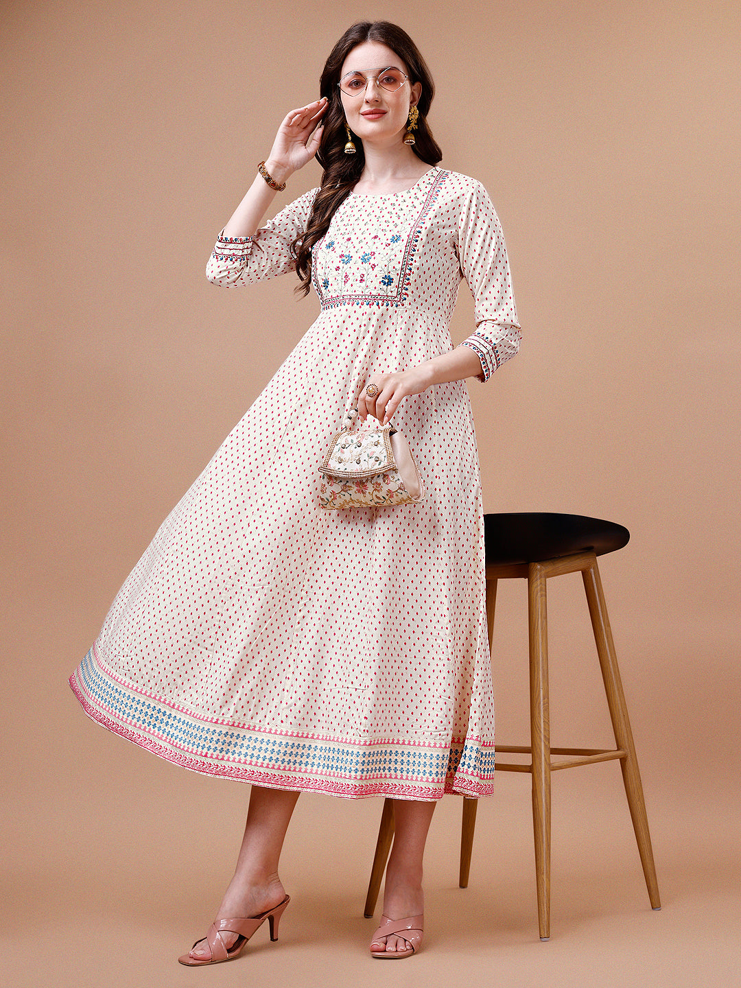 Embroidered & Printed Cream Flared Kurta