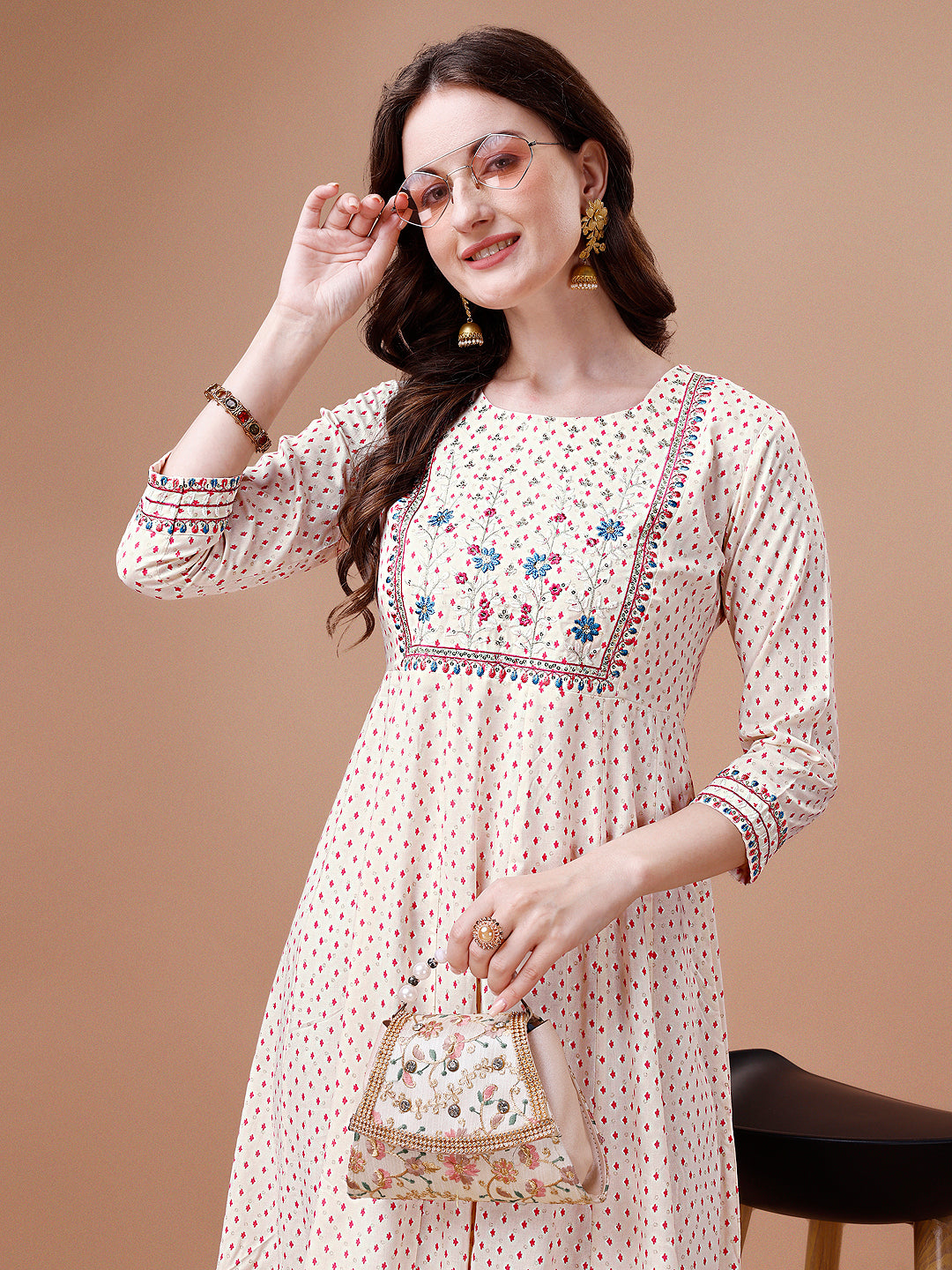 Embroidered & Printed Cream Flared Kurta