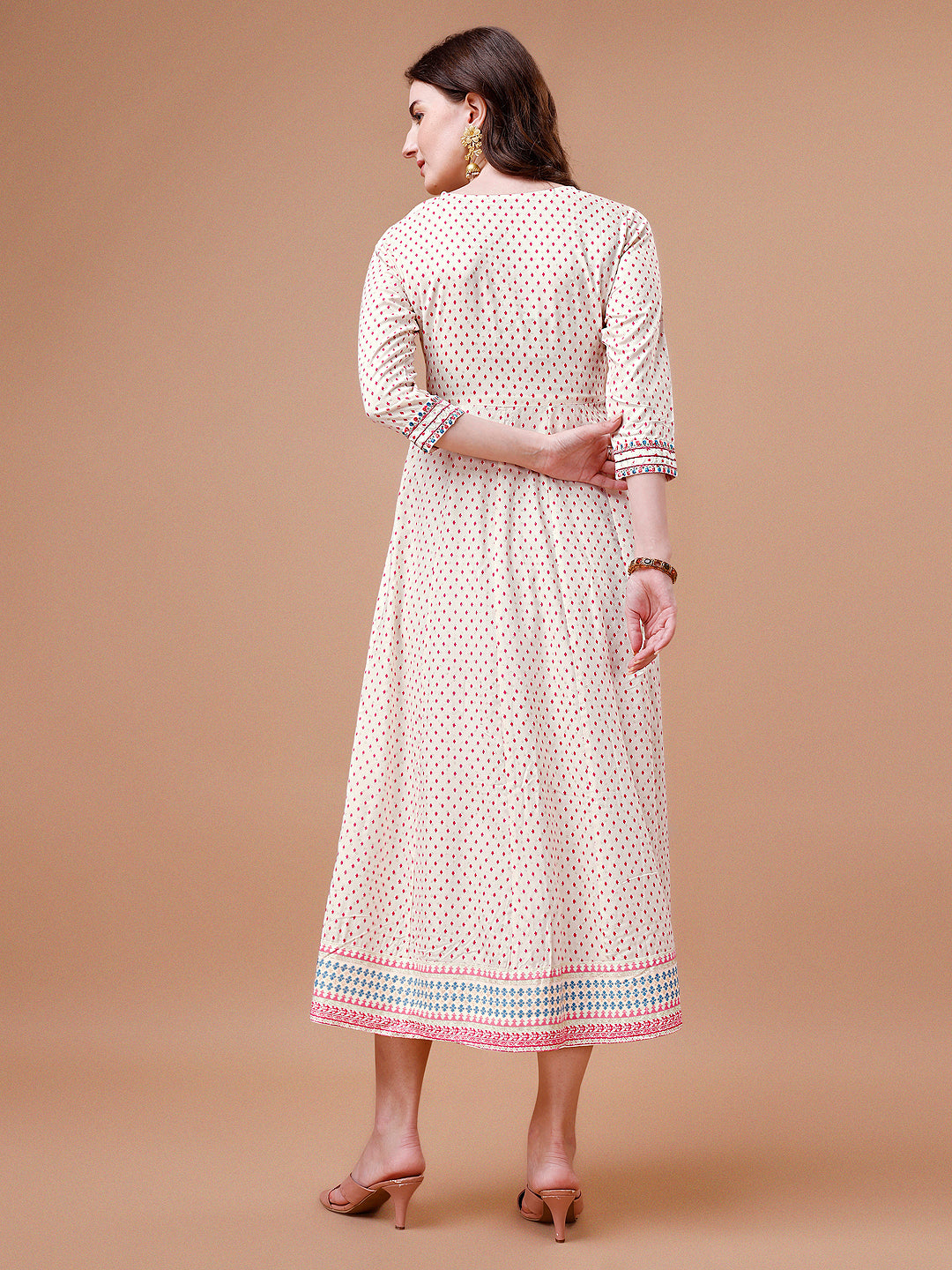 Embroidered & Printed Cream Flared Kurta