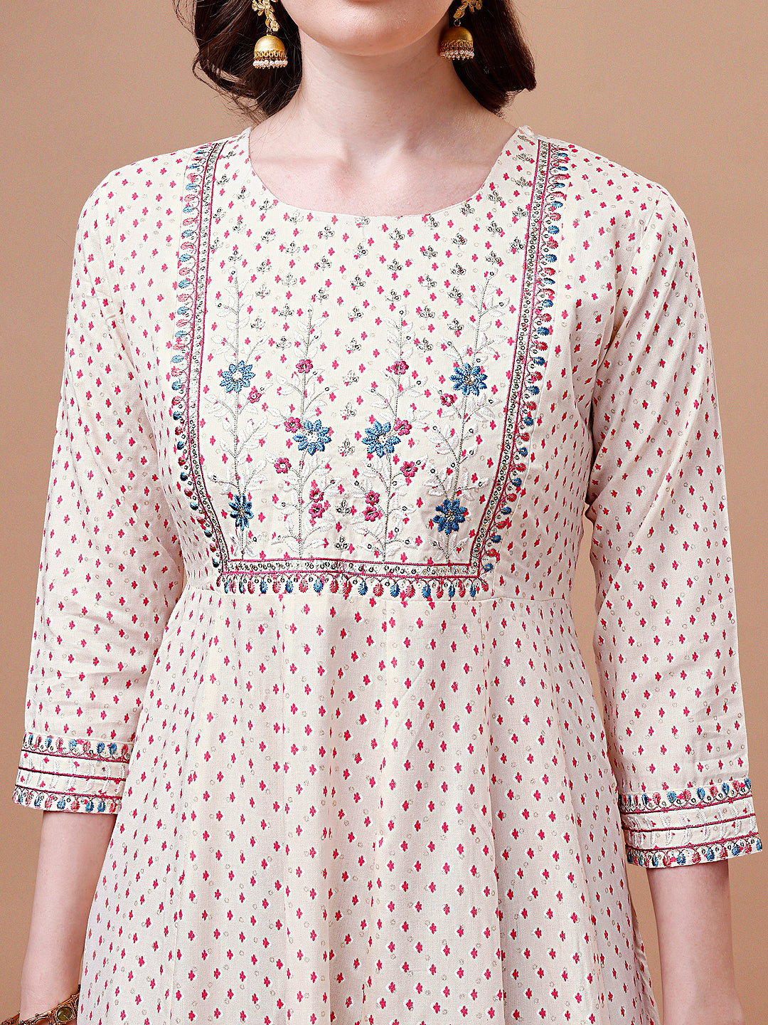 Embroidered & Printed Cream Flared Kurta