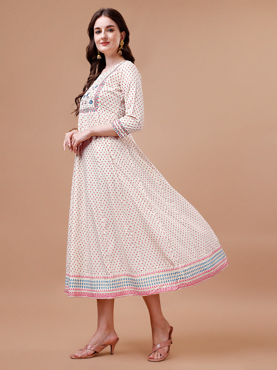 Embroidered & Printed Cream Flared Kurta