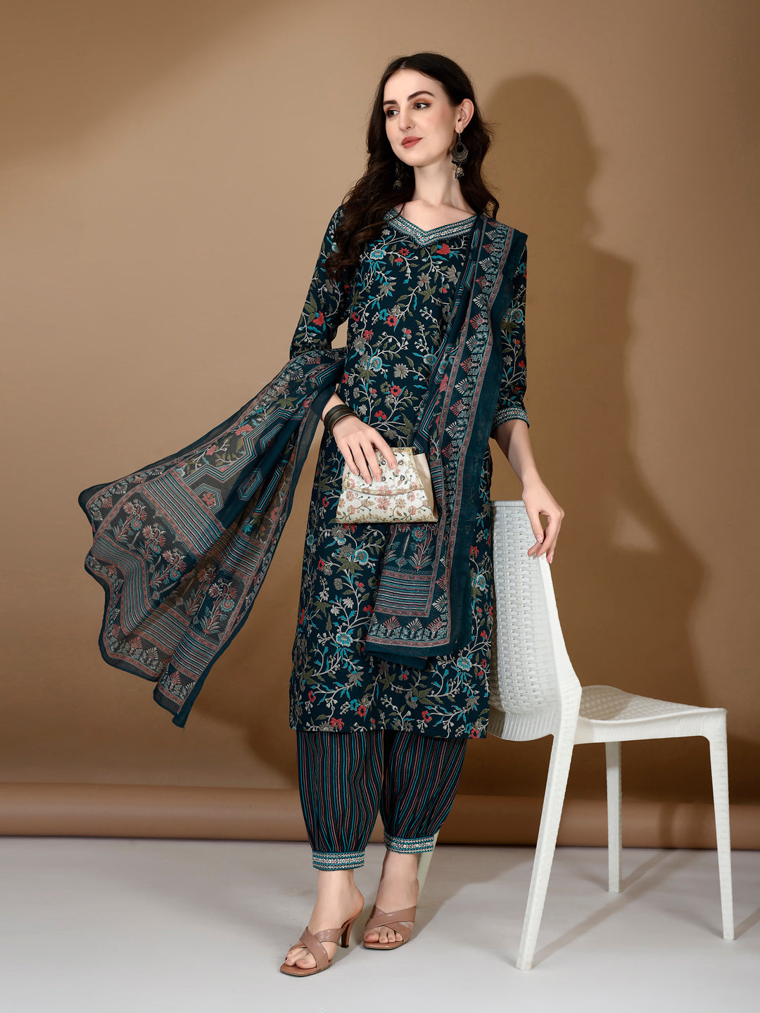 Embroidered & Printed Nyra Cut Kurta with pant & Dupatta