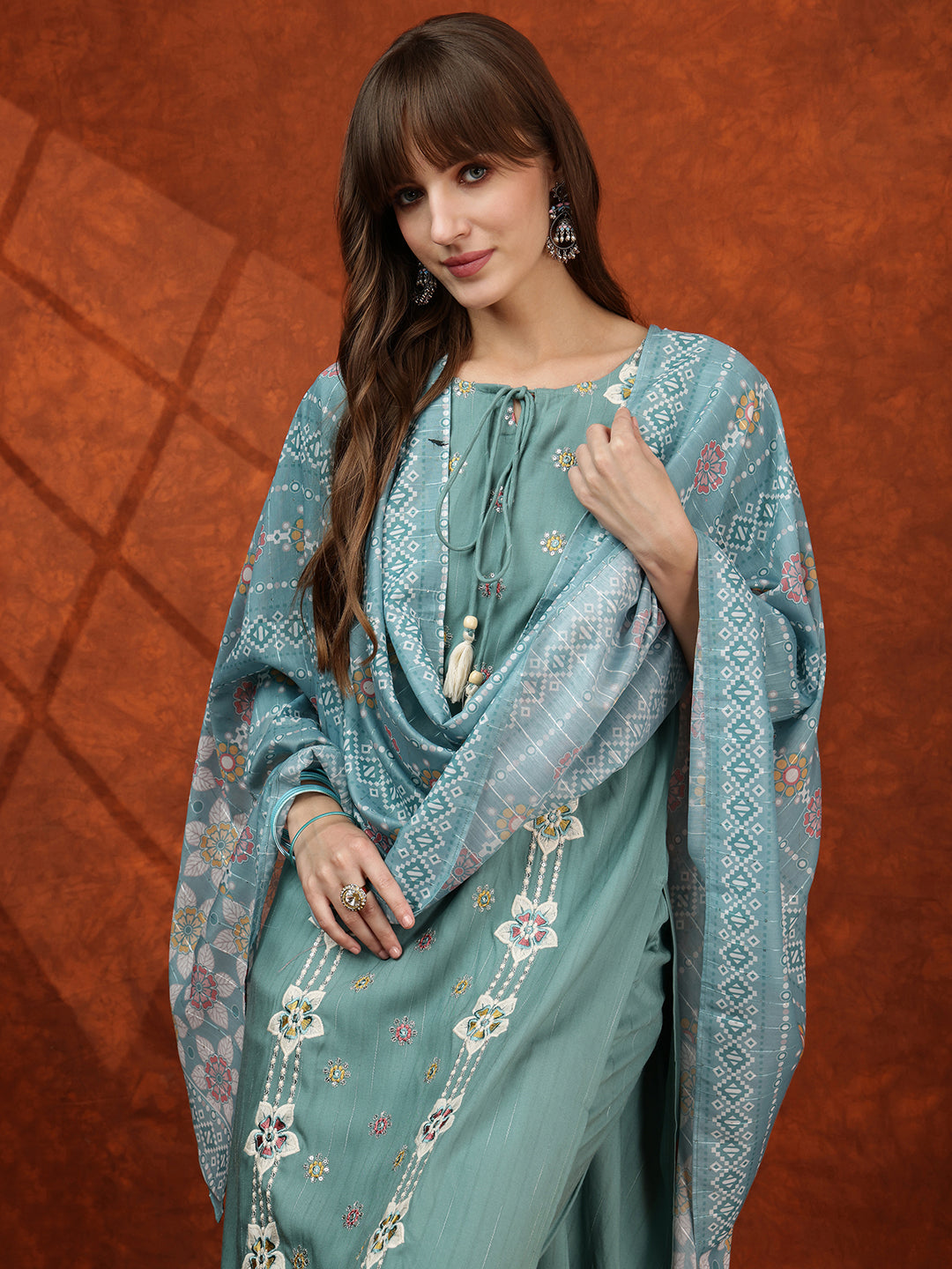 Floral Embroidered Tie up Neck Kurta with Pant & Dupatta