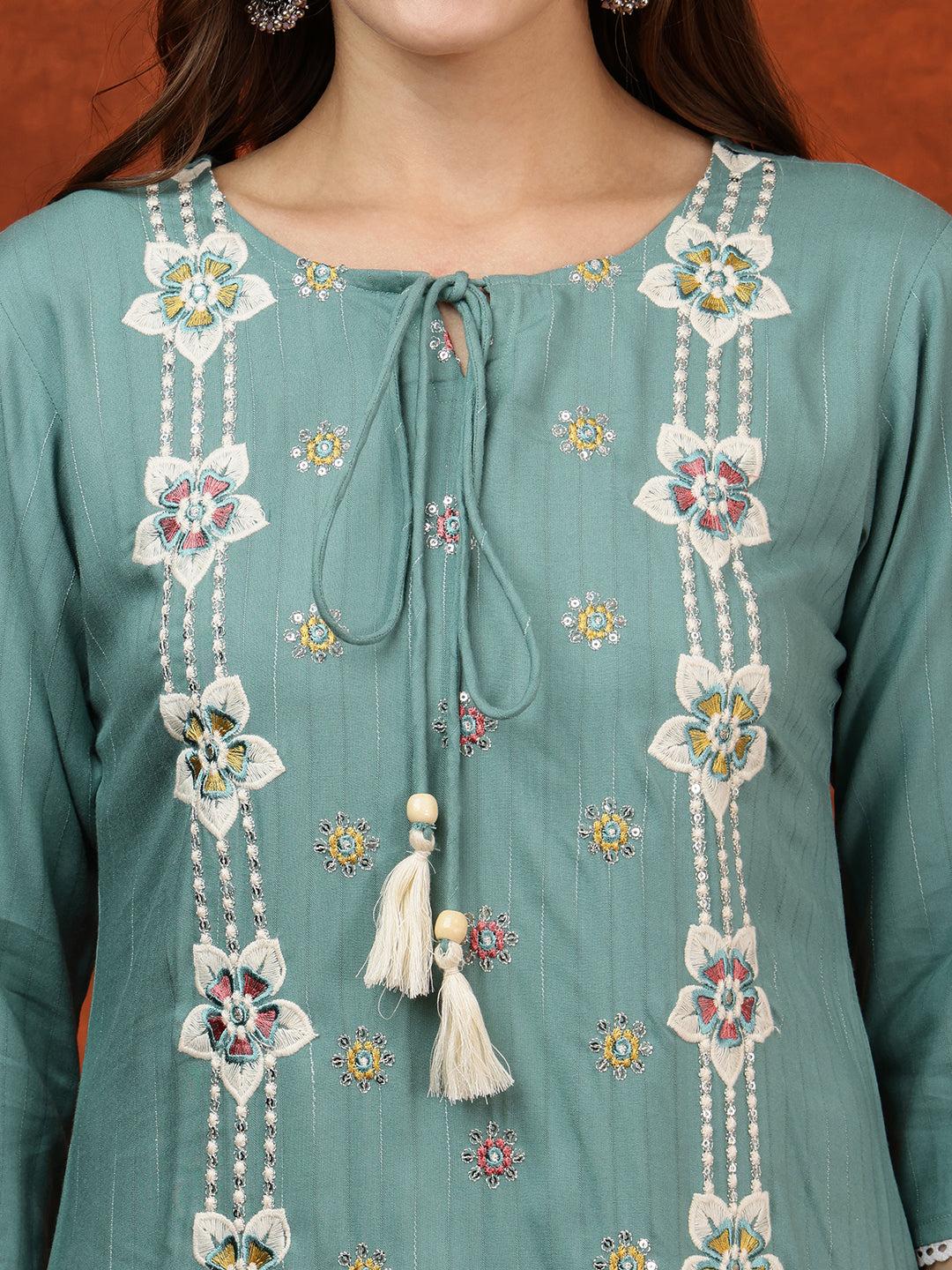 Floral Embroidered Tie up Neck Kurta with Pant & Dupatta