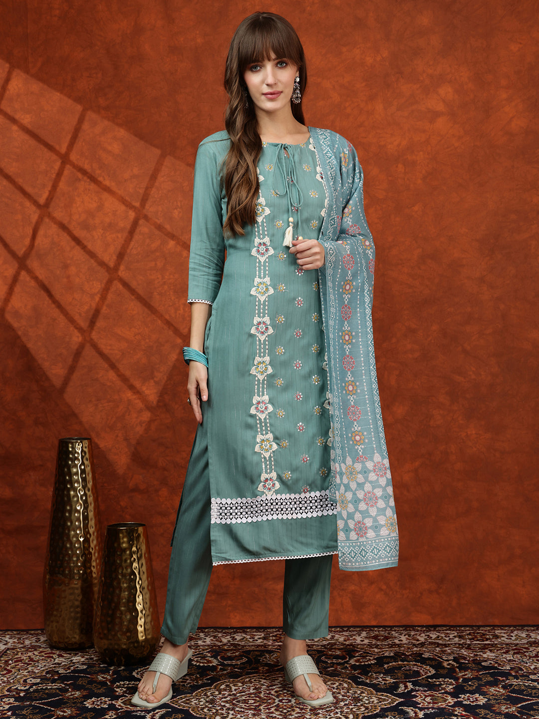 Floral Embroidered Tie up Neck Kurta with Pant & Dupatta