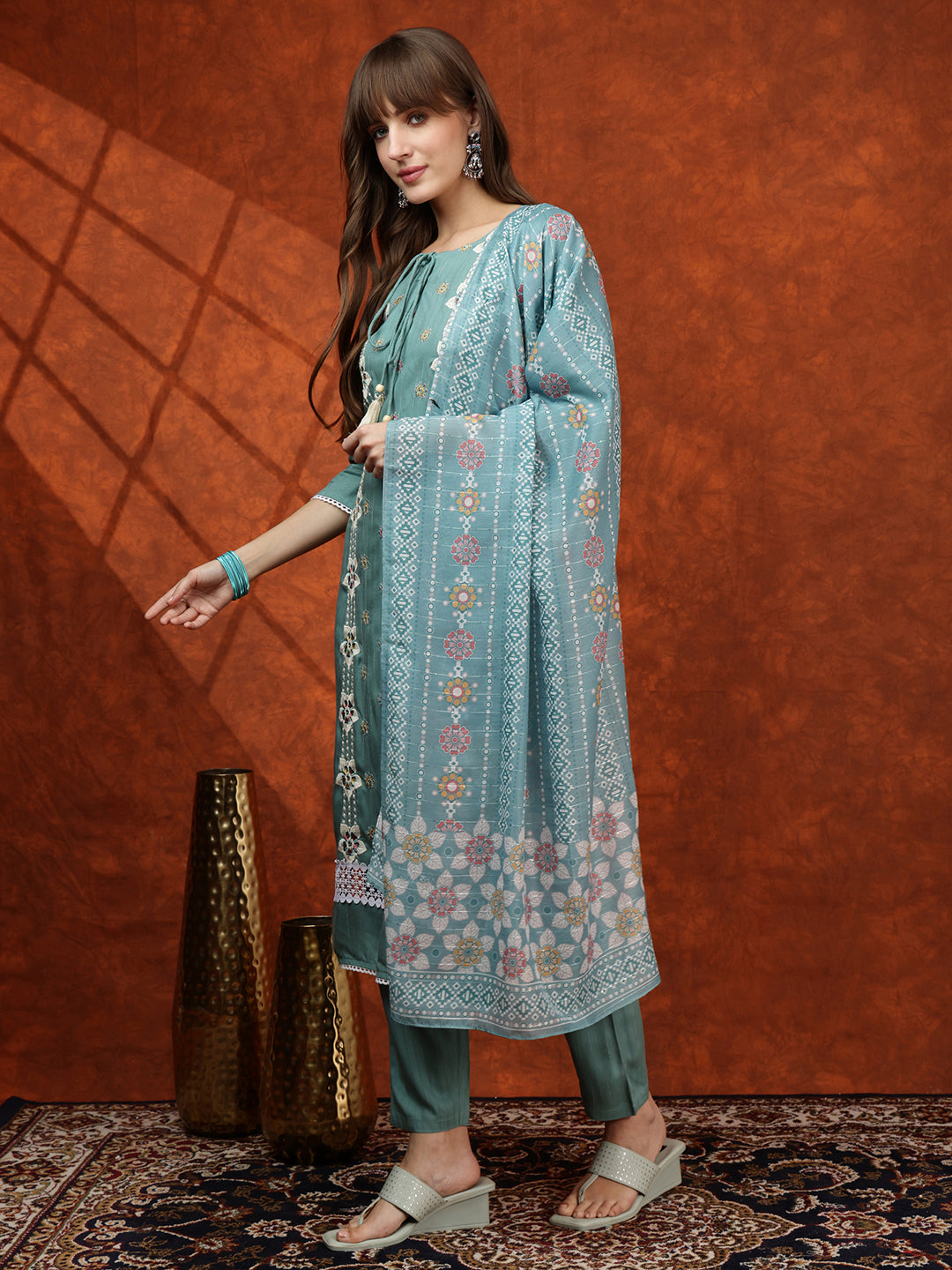 Floral Embroidered Tie up Neck Kurta with Pant & Dupatta