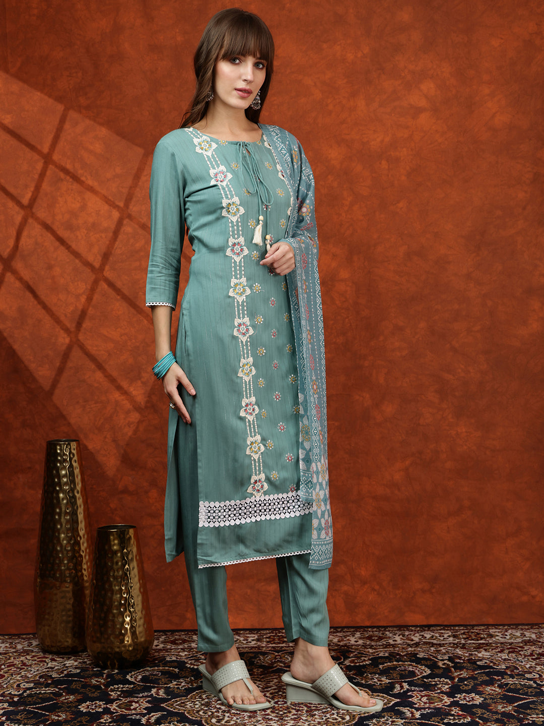 Floral Embroidered Tie up Neck Kurta with Pant & Dupatta