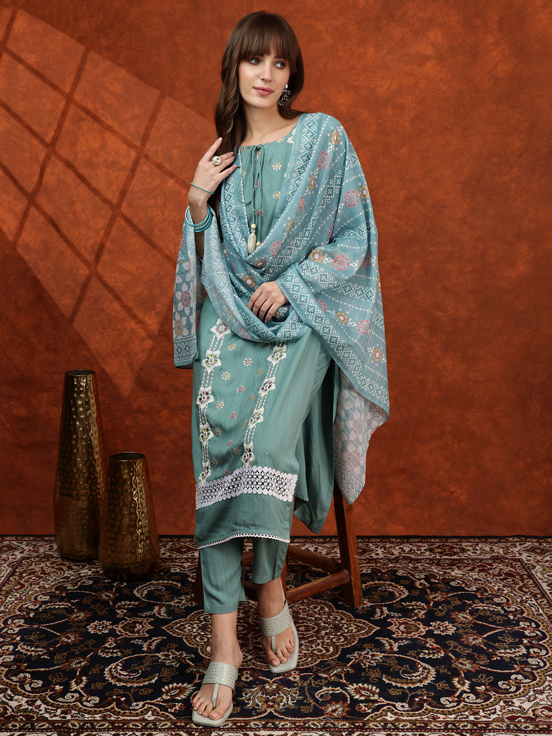 Floral Embroidered Tie up Neck Kurta with Pant & Dupatta