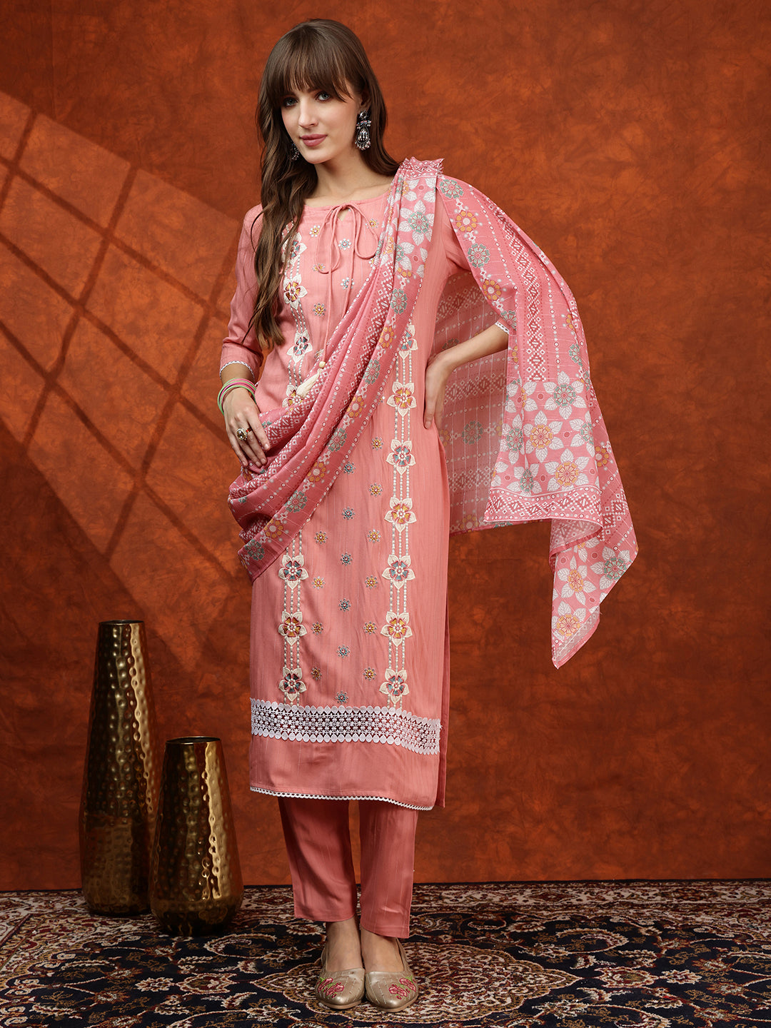 Floral Embroidered Tie up Neck Kurta with Pant & Dupatta