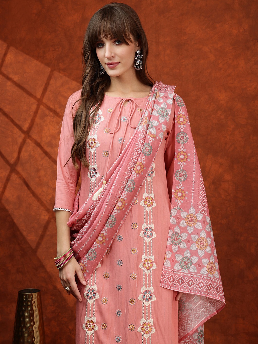 Floral Embroidered Tie up Neck Kurta with Pant & Dupatta