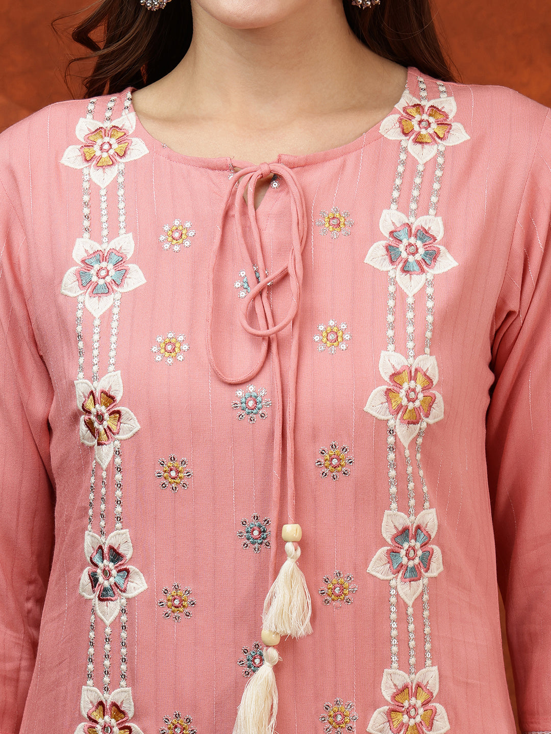 Floral Embroidered Tie up Neck Kurta with Pant & Dupatta