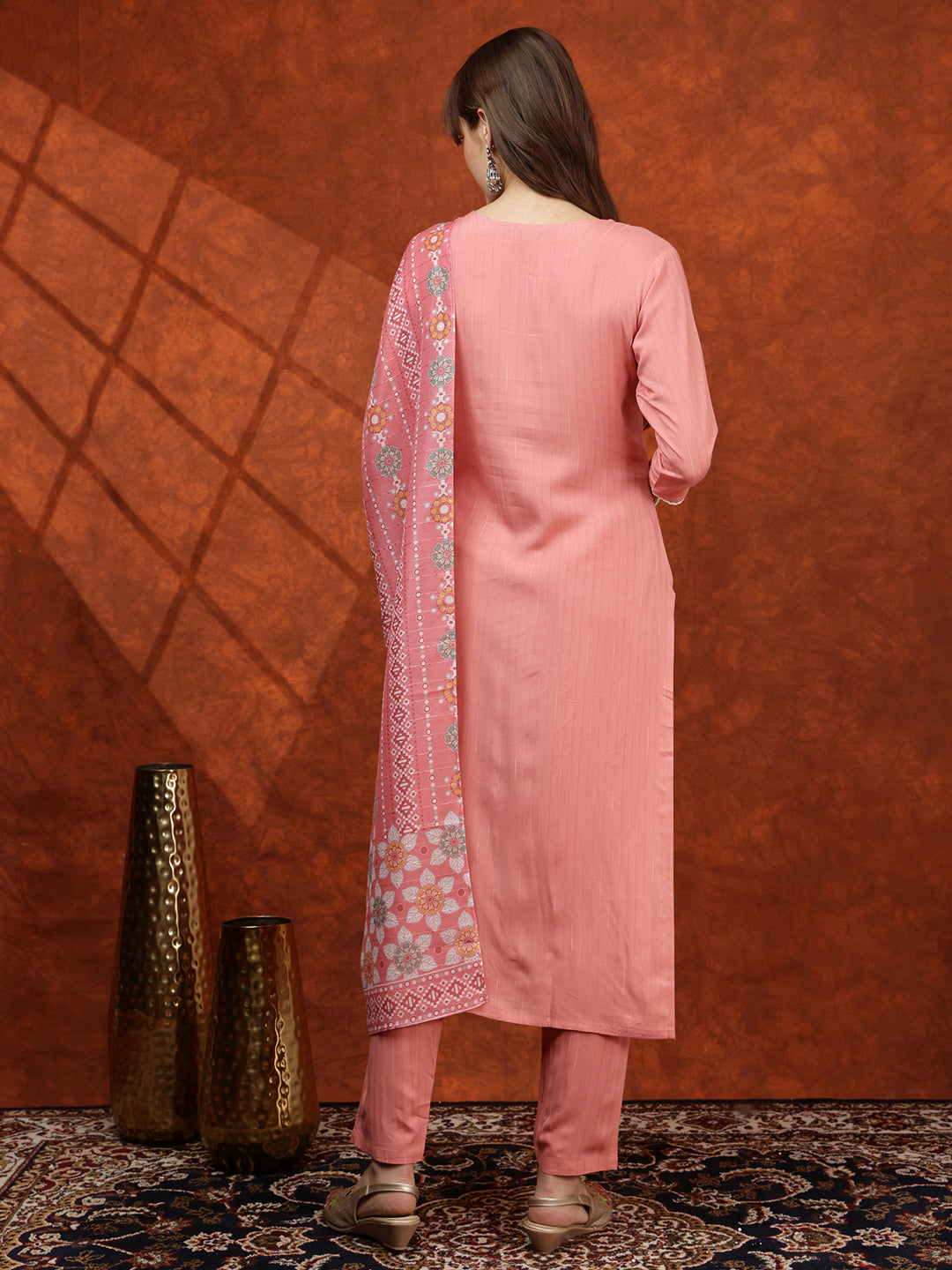 Floral Embroidered Tie up Neck Kurta with Pant & Dupatta