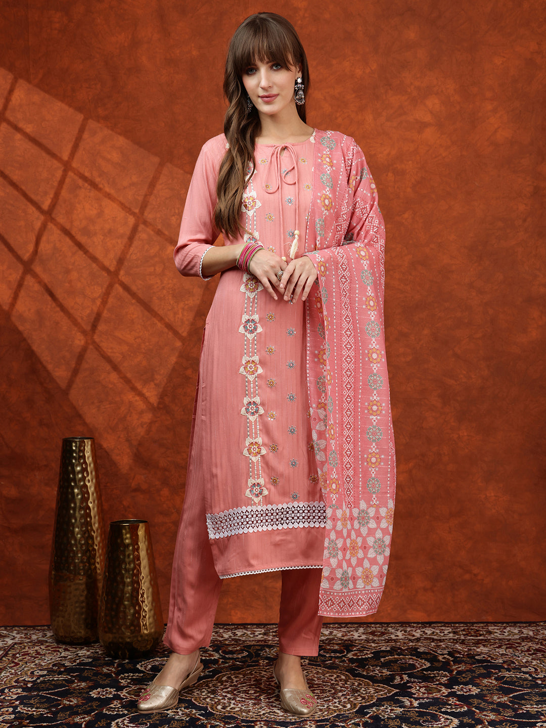 Floral Embroidered Tie up Neck Kurta with Pant & Dupatta