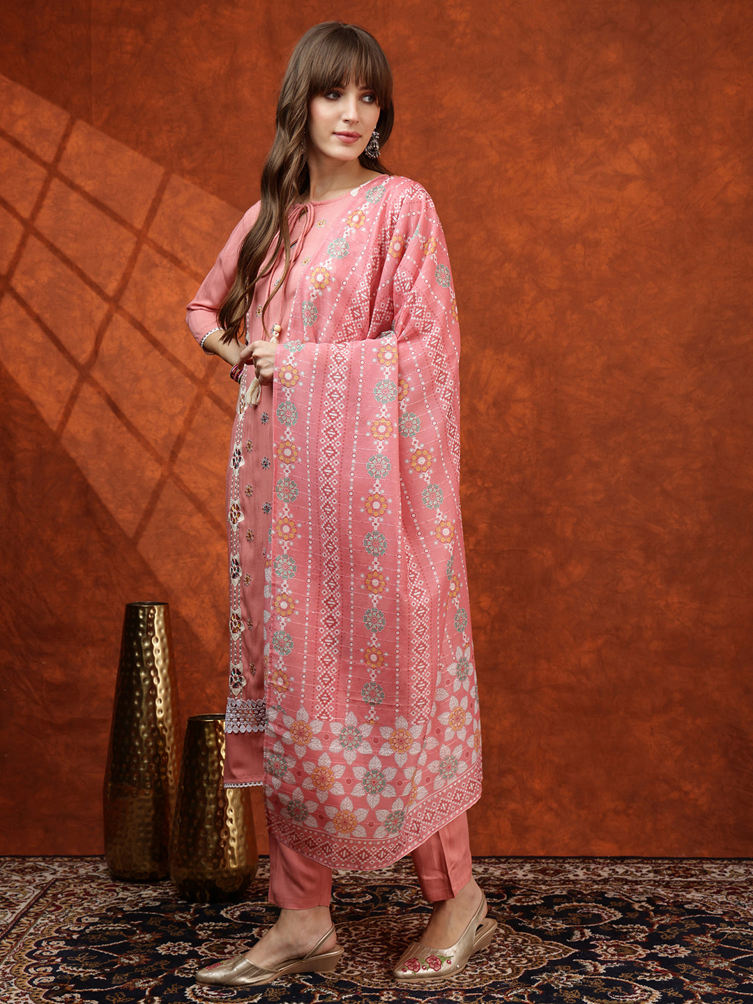 Floral Embroidered Tie up Neck Kurta with Pant & Dupatta