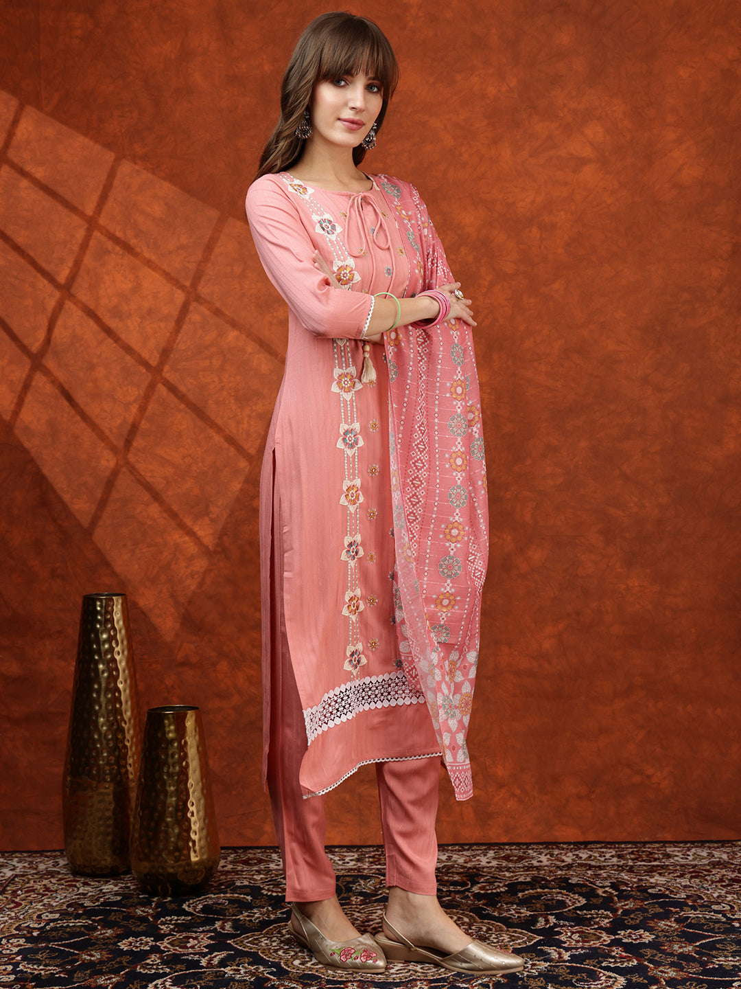 Floral Embroidered Tie up Neck Kurta with Pant & Dupatta