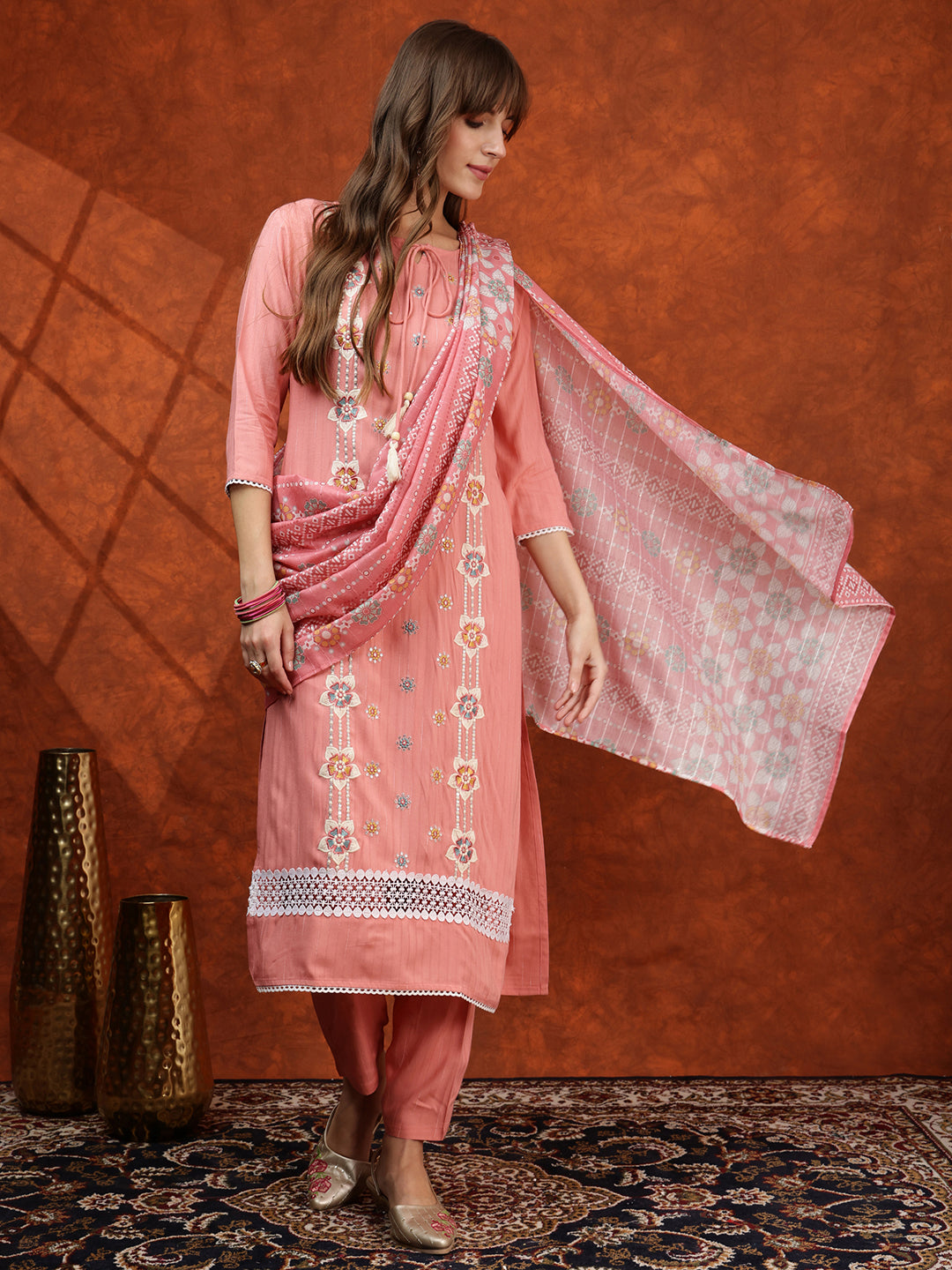 Floral Embroidered Tie up Neck Kurta with Pant & Dupatta
