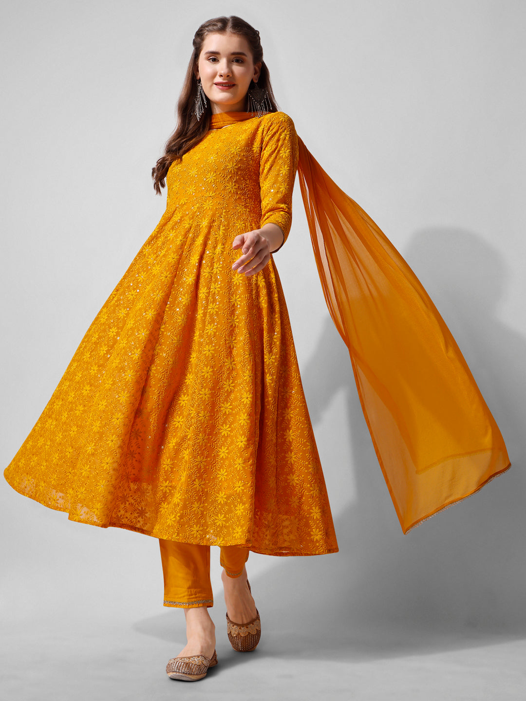 Schiffly Embroidered Flared Kurta with pant & dupatta