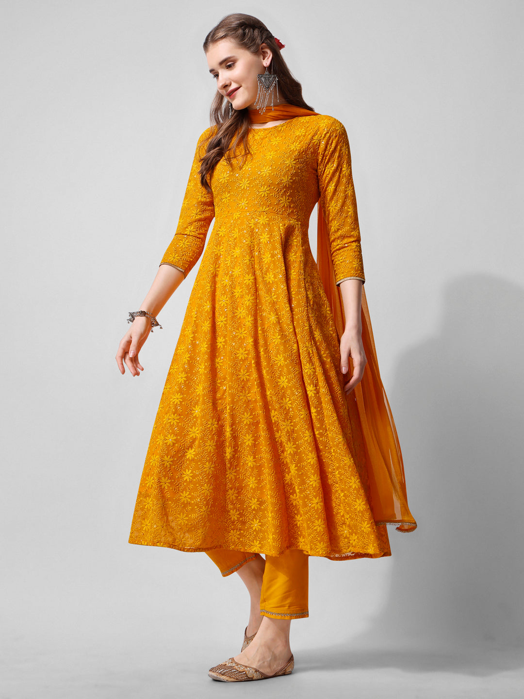 Schiffly Embroidered Flared Kurta with pant & dupatta