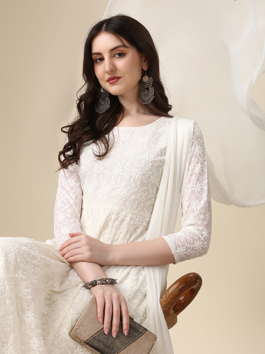 Schiffly Embroidered Flared Kurta with pant & dupatta