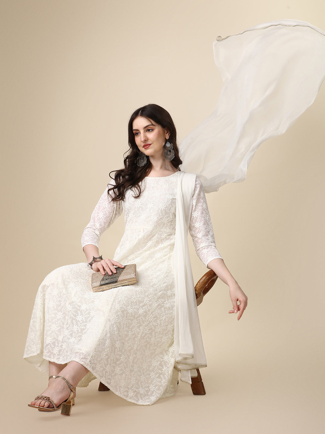 Schiffly Embroidered Flared Kurta with pant & dupatta