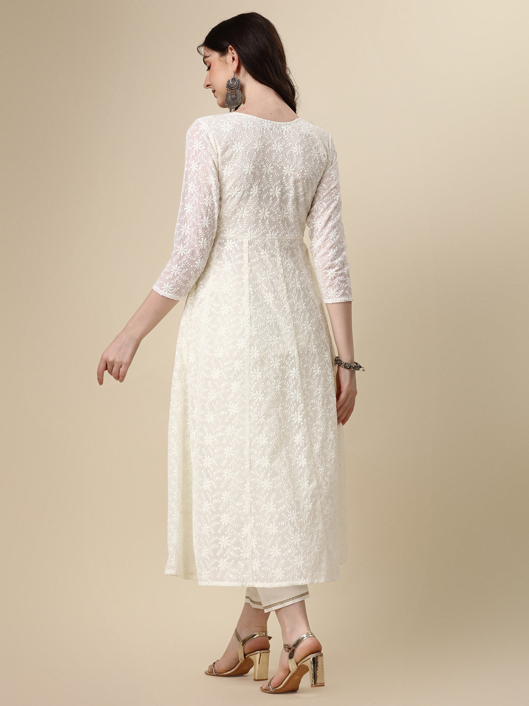 Schiffly Embroidered Flared Kurta with pant & dupatta