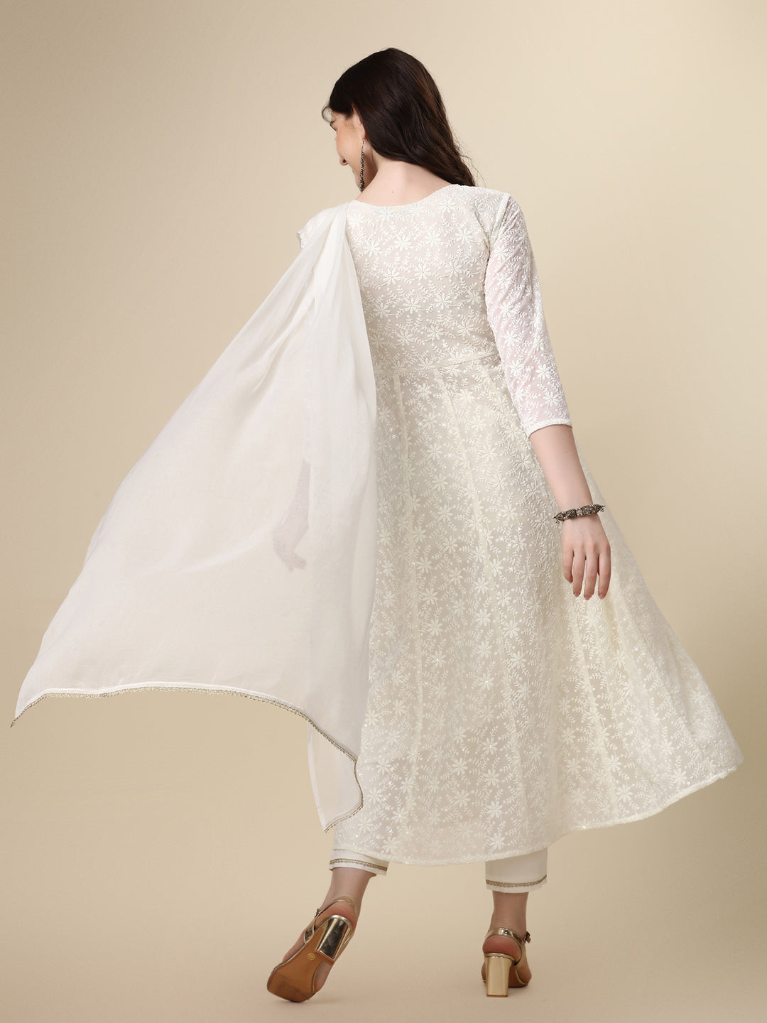 Schiffly Embroidered Flared Kurta with pant & dupatta