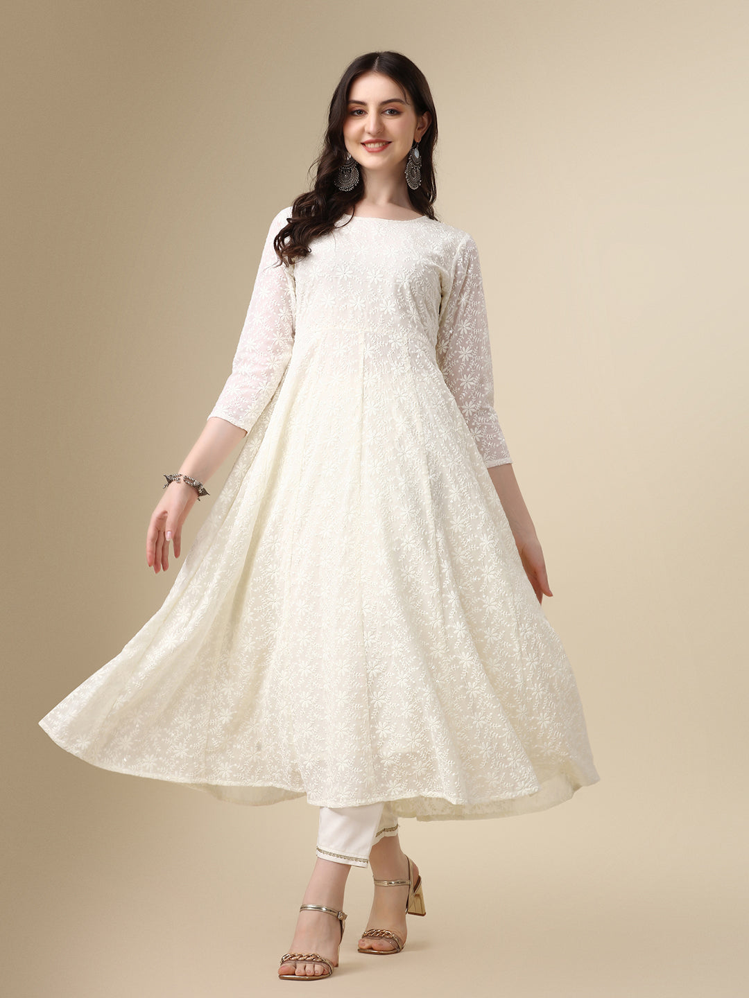 Schiffly Embroidered Flared Kurta with pant & dupatta