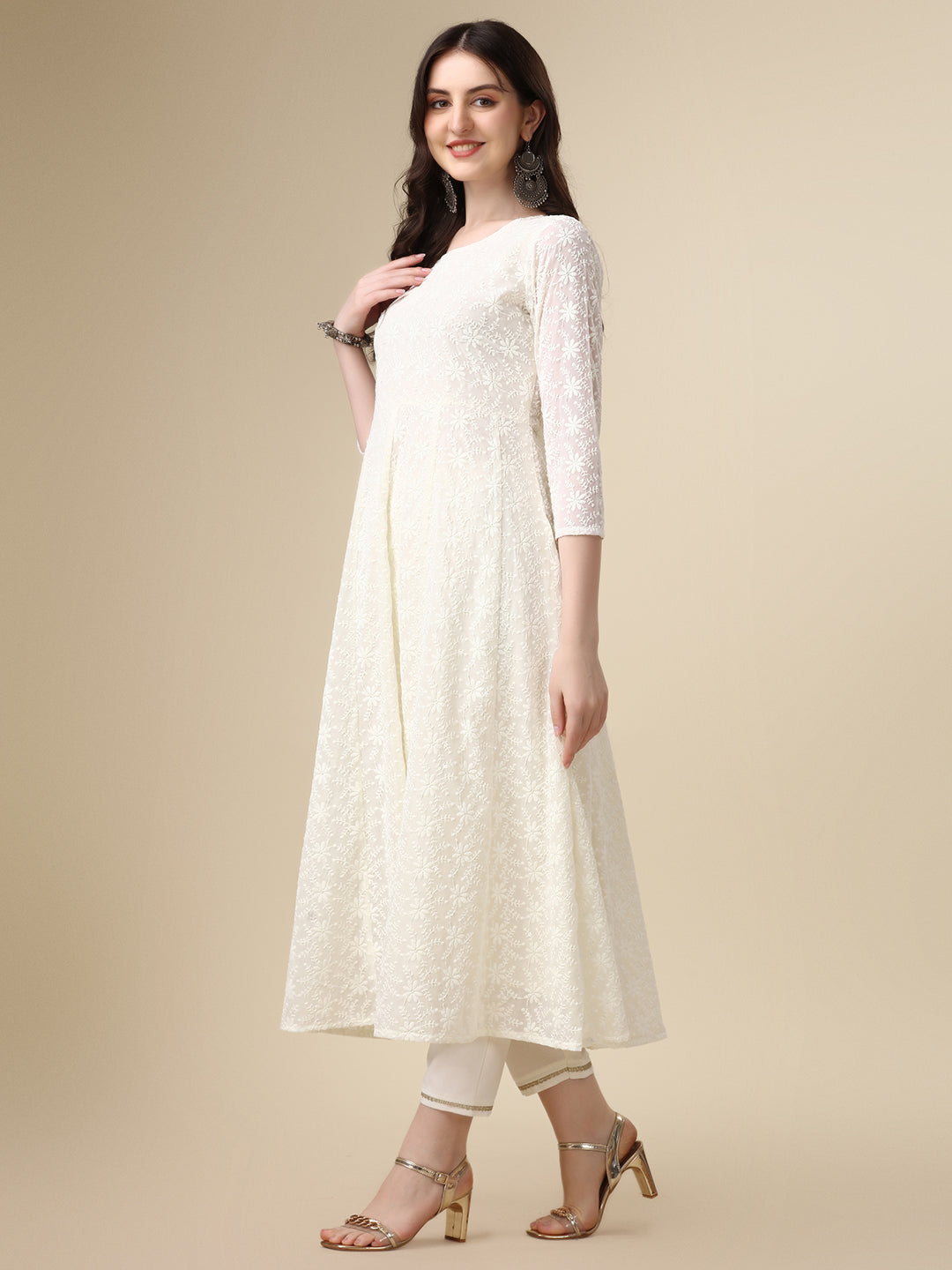 Schiffly Embroidered Flared Kurta with pant & dupatta