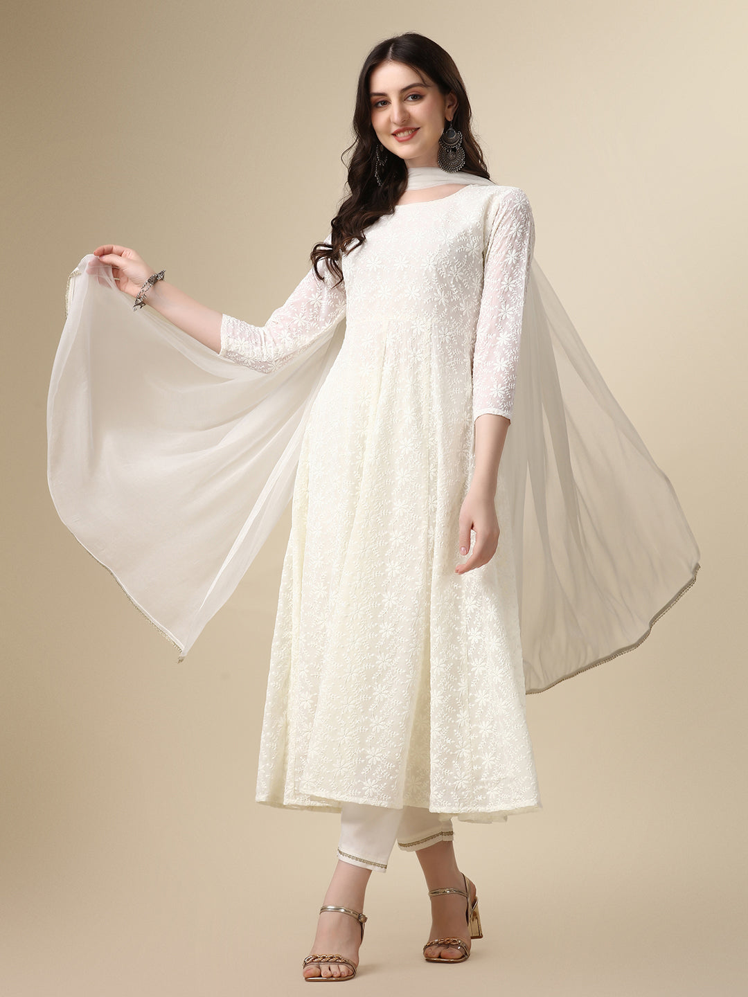 Schiffly Embroidered Flared Kurta with pant & dupatta