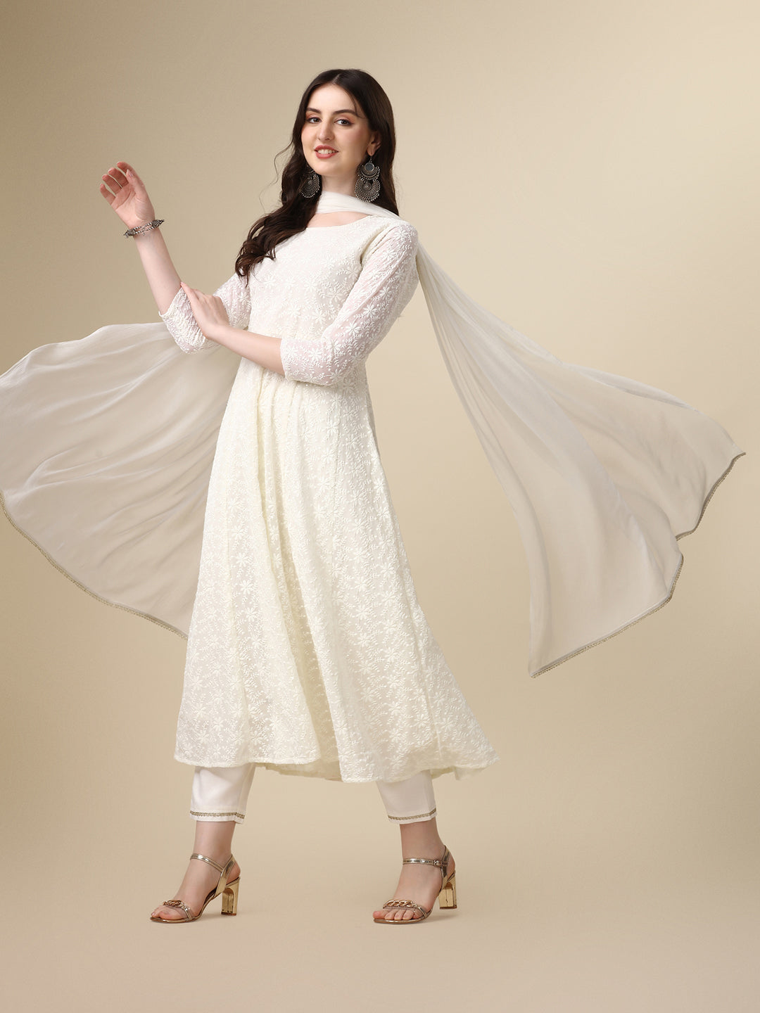 Schiffly Embroidered Flared Kurta with pant & dupatta