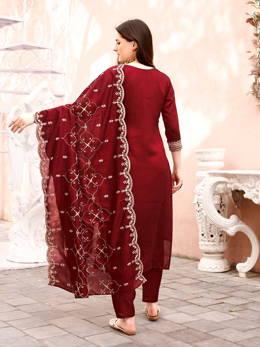 Sequinned  Embroidered kurta with pant & Embroidered Dupatta Premium