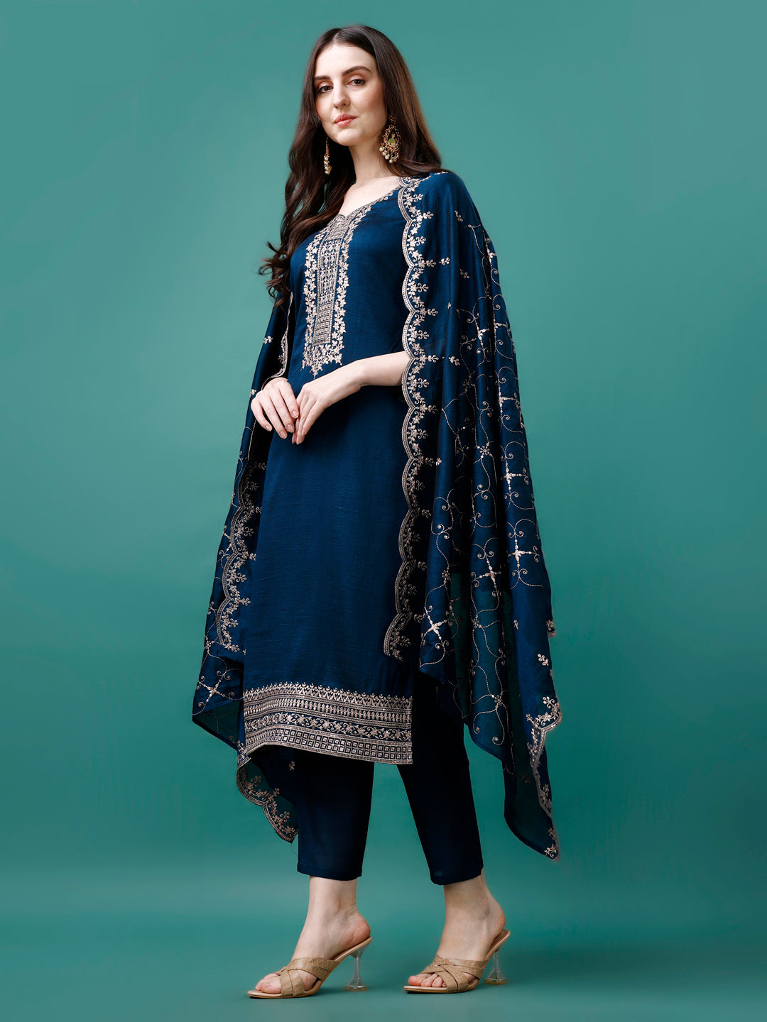 Sequined Embroidered Straight Kurta with Trousers & With Embroidered Dupatta Premium Luxury
