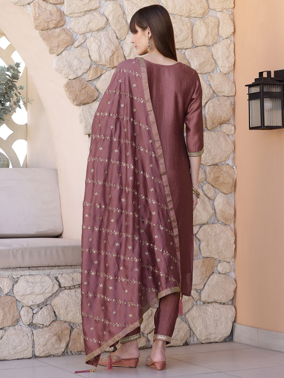 Sequined Embroidered Silk Blend Kurta with Pant & Embroidered Dupatta