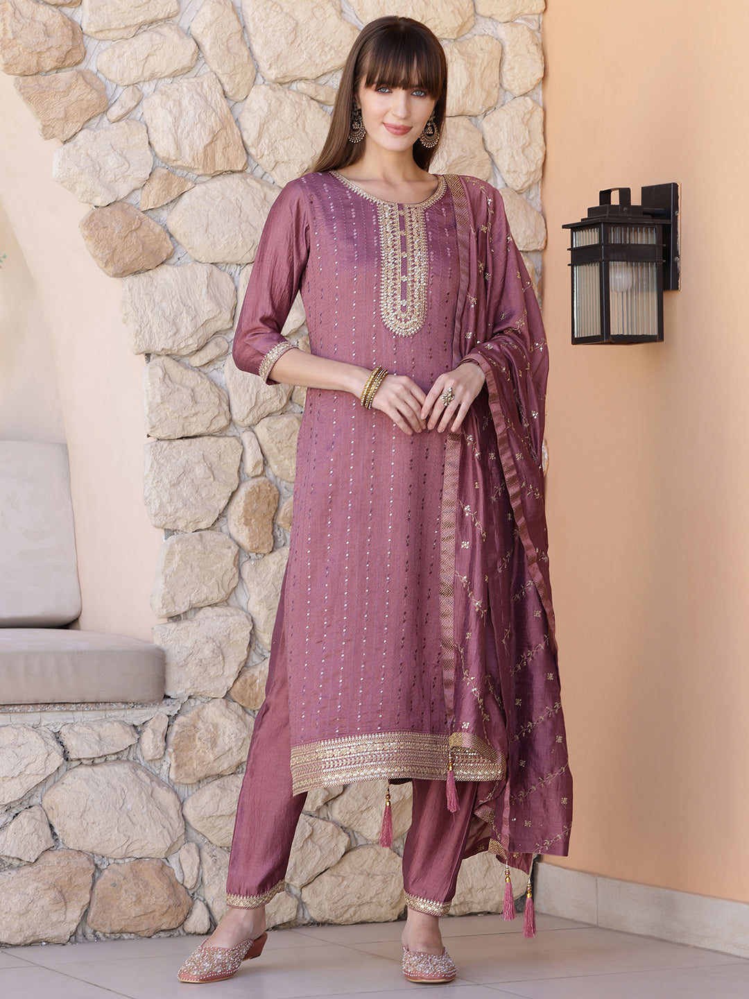 Sequined Embroidered Silk Blend Kurta with Pant & Embroidered Dupatta