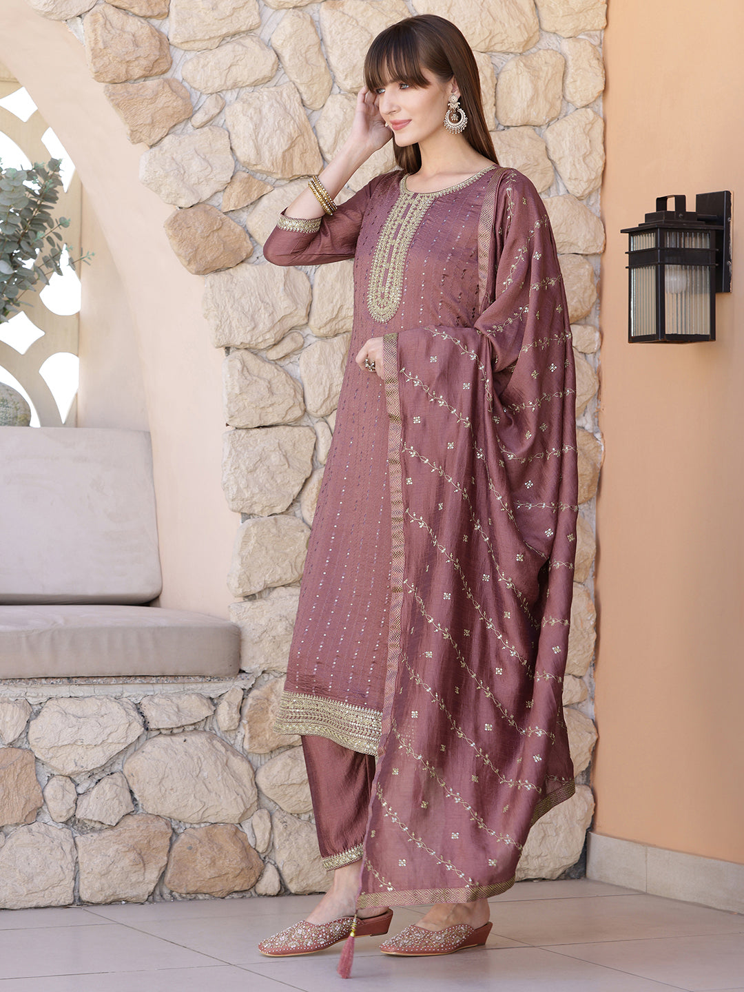 Sequined Embroidered Silk Blend Kurta with Pant & Embroidered Dupatta