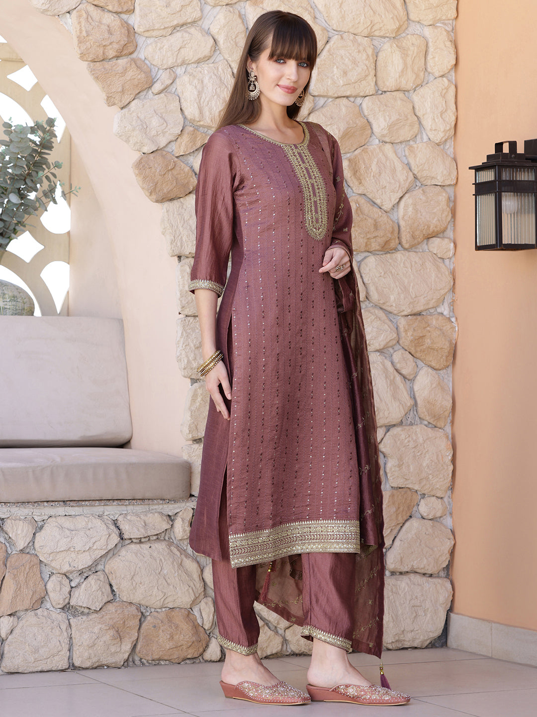 Sequined Embroidered Silk Blend Kurta with Pant & Embroidered Dupatta
