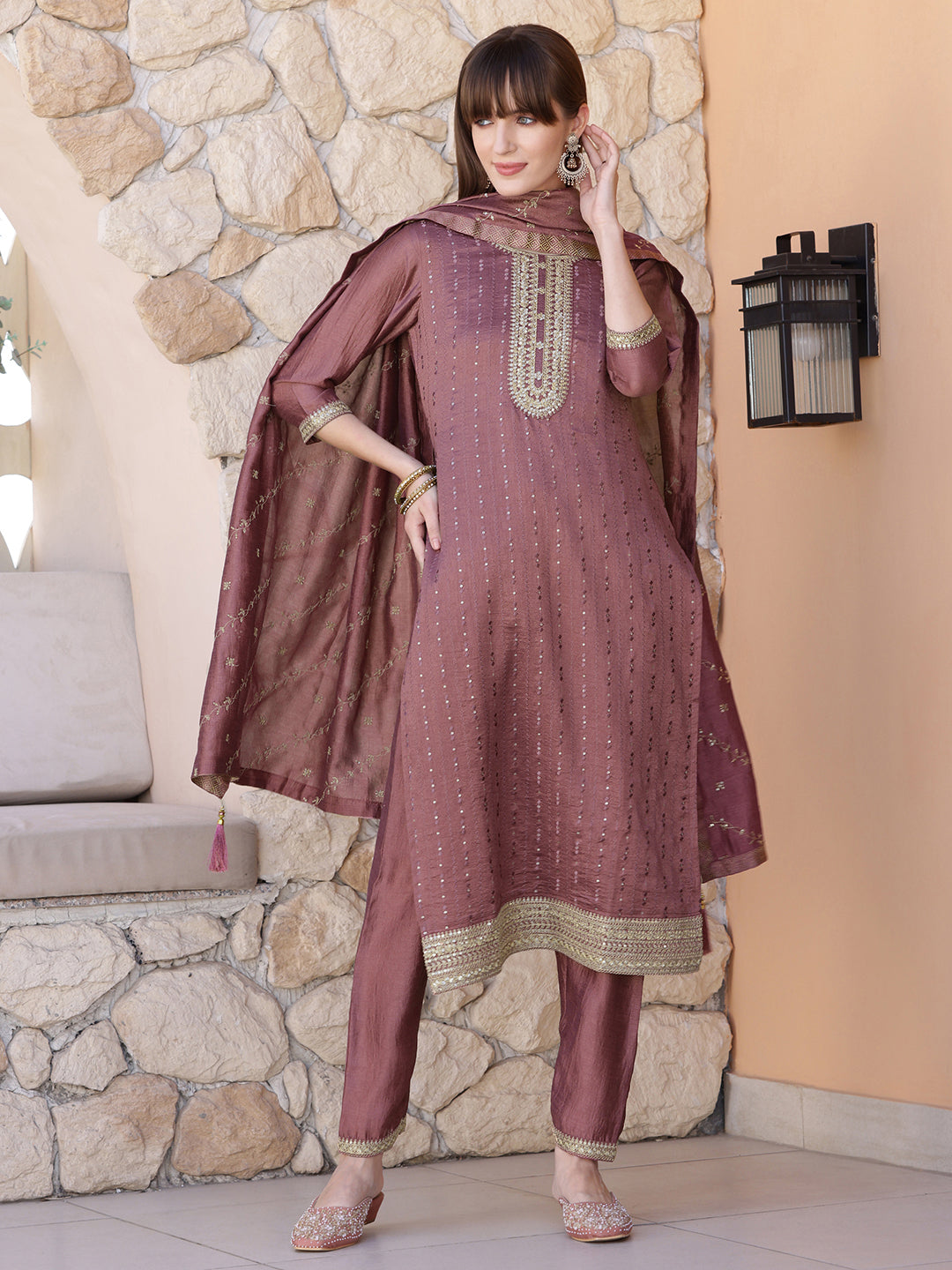 Sequined Embroidered Silk Blend Kurta with Pant & Embroidered Dupatta