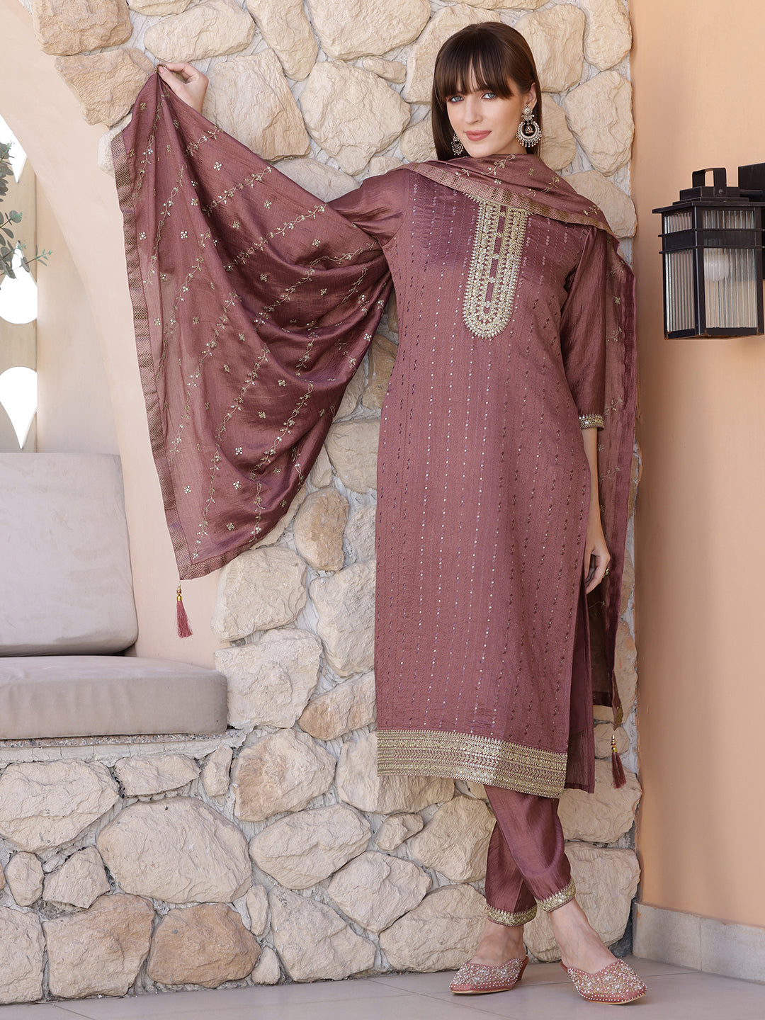 Sequined Embroidered Silk Blend Kurta with Pant & Embroidered Dupatta