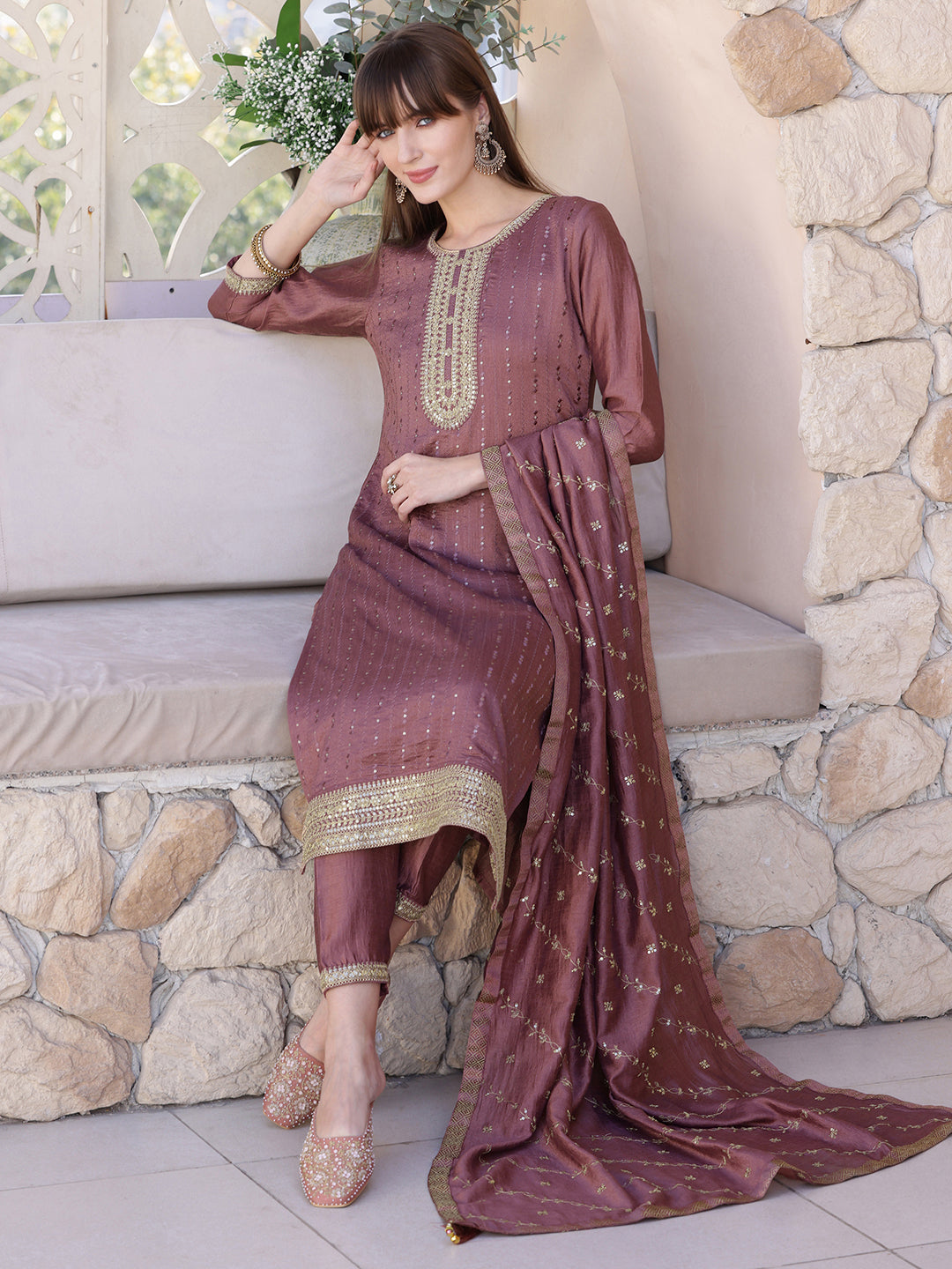 Sequined Embroidered Silk Blend Kurta with Pant & Embroidered Dupatta