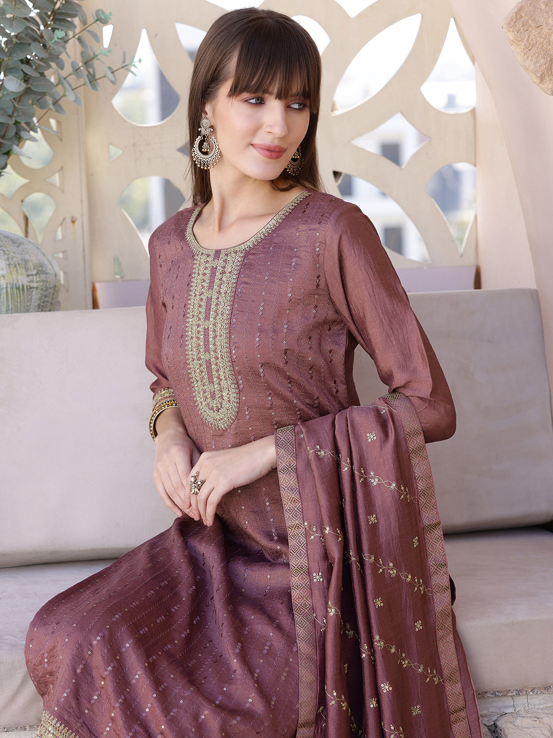Sequined Embroidered Silk Blend Kurta with Pant & Embroidered Dupatta