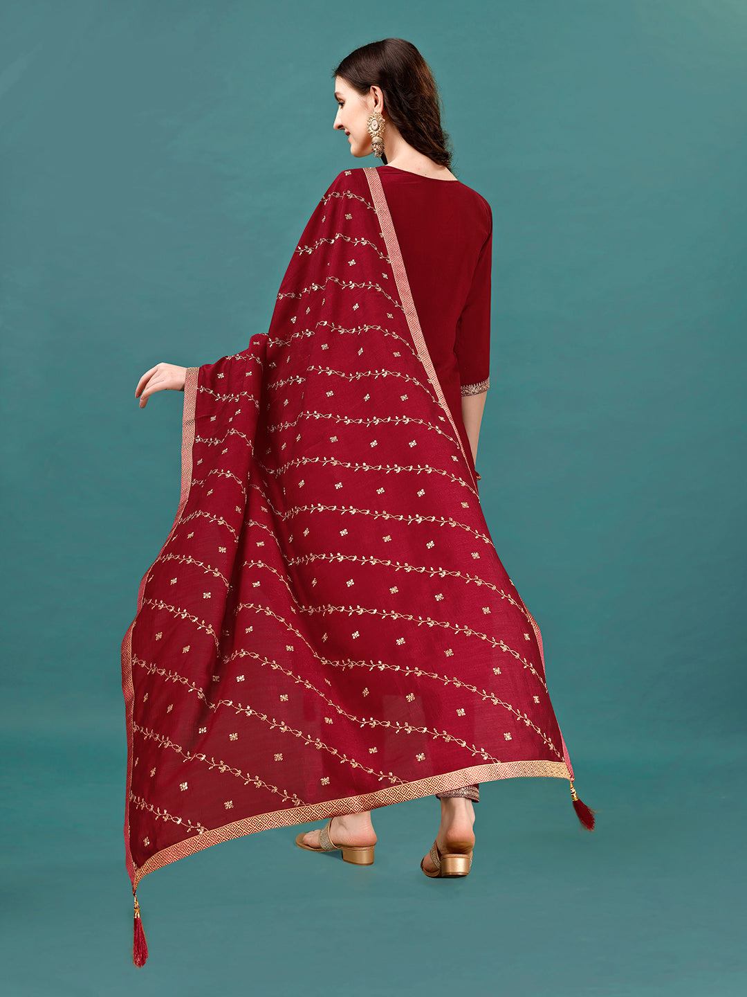 Sequined Embroidered Straight Kurta with Trousers & With Embroidered Dupatta Premium