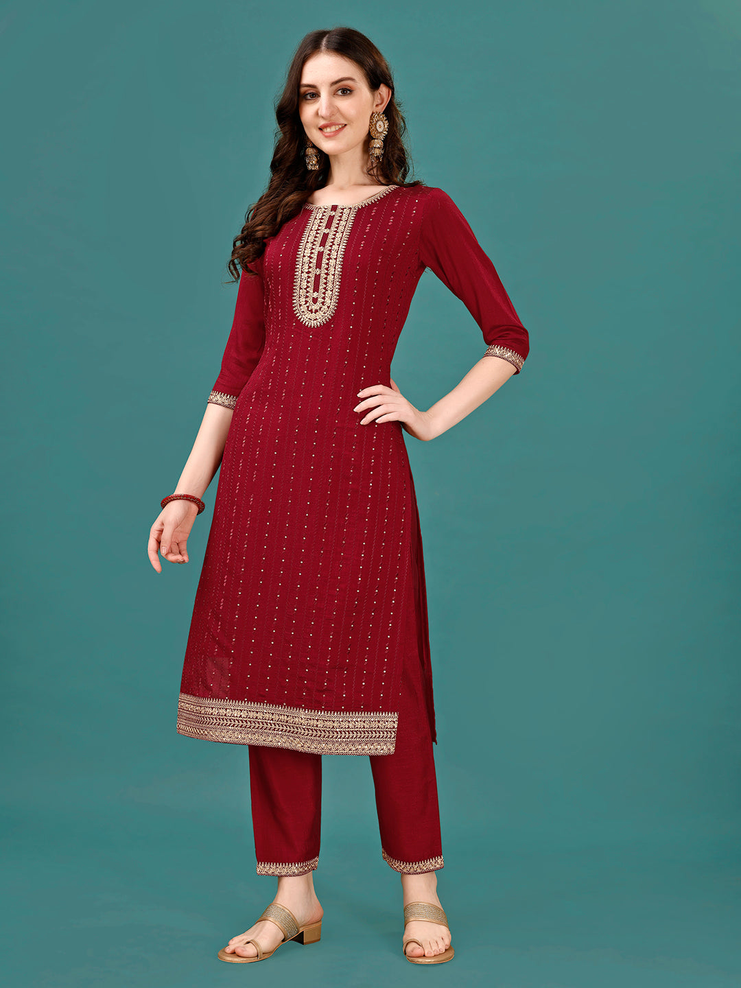 Sequined Embroidered Straight Kurta with Trousers & With Embroidered Dupatta Premium