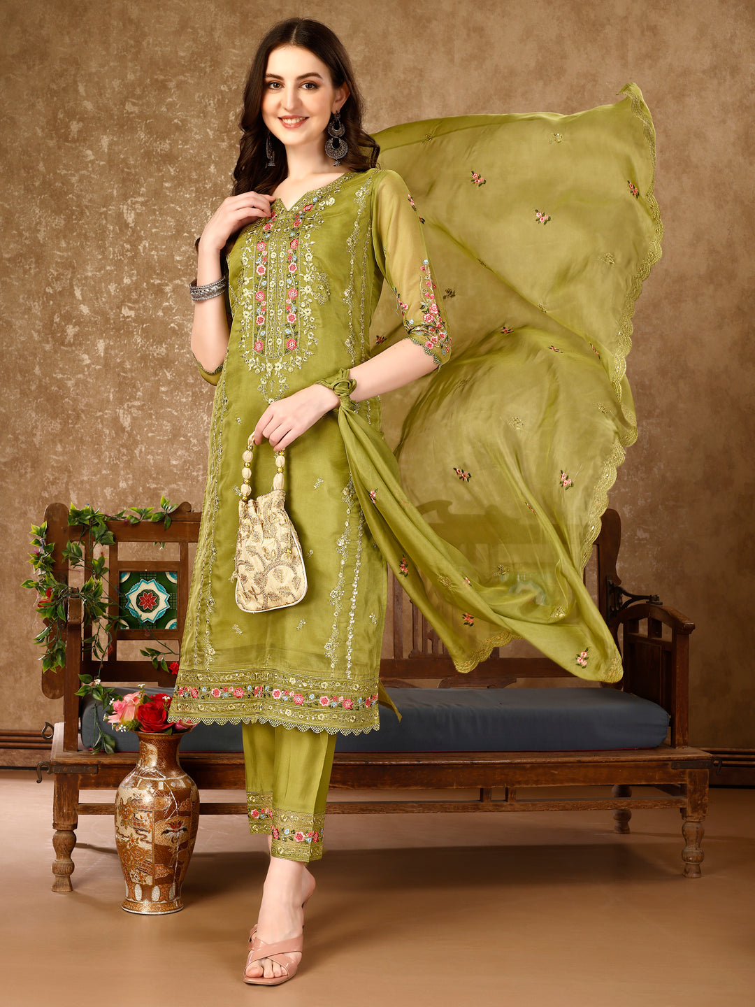 Pakistani Embroidered Organza Kurta with pant &  Embroidered Dupatta Luxury Premium