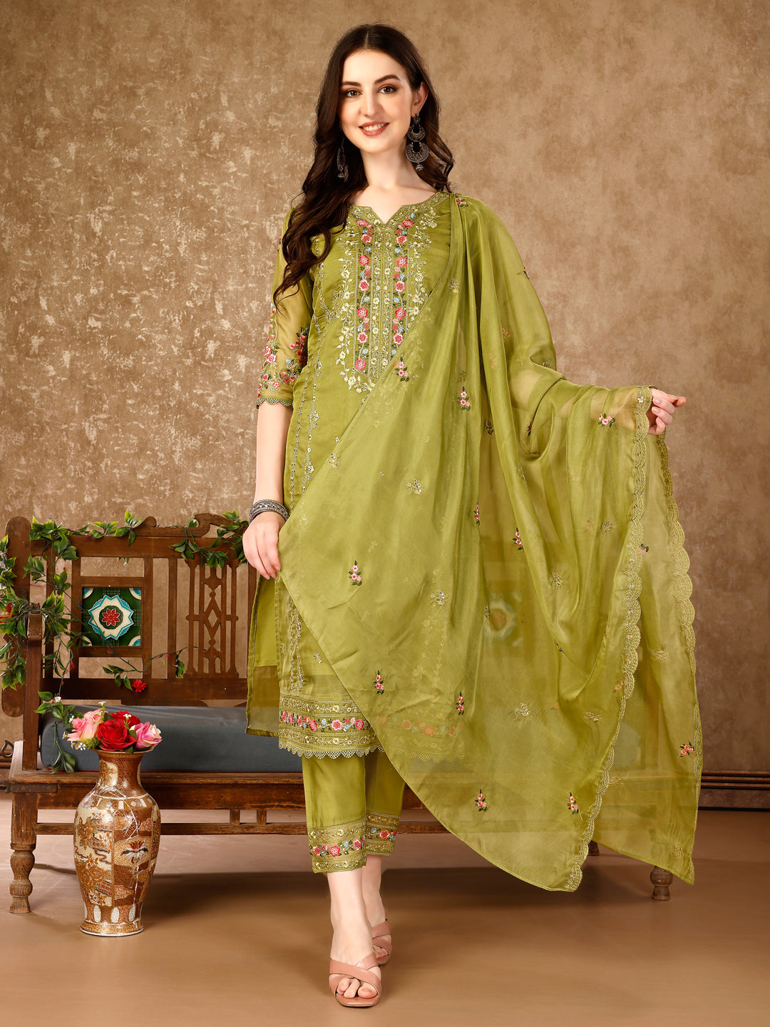 Pakistani Embroidered Organza Kurta with pant &  Embroidered Dupatta Luxury Premium