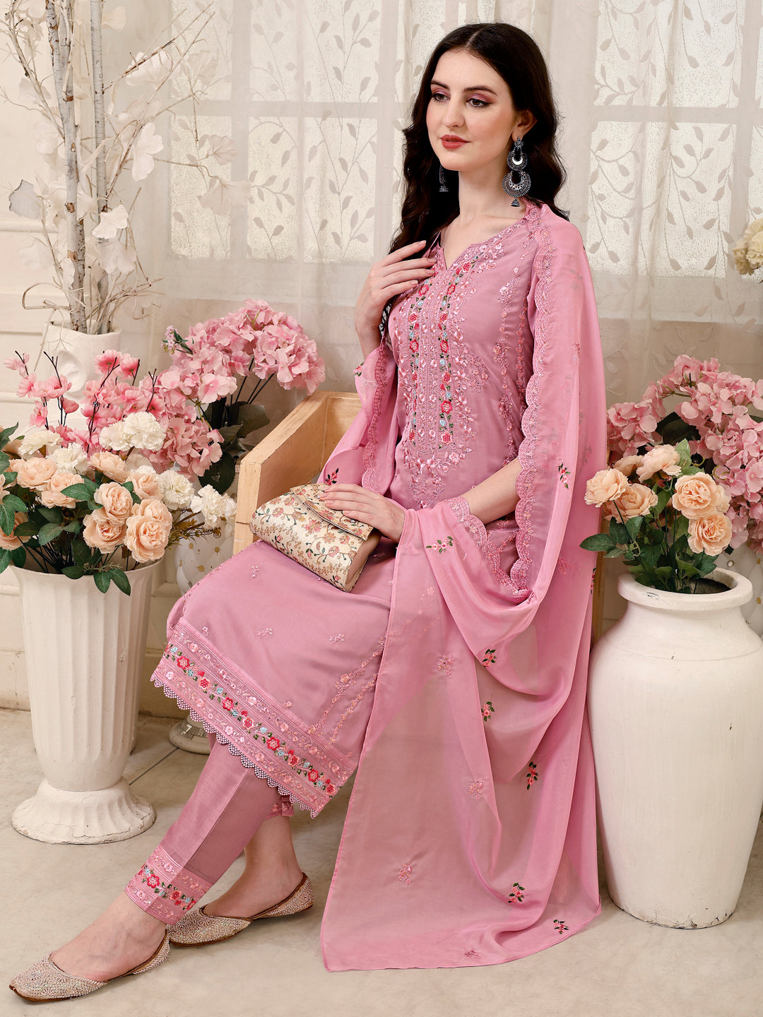 Pakistani Embroidered Organza Kurta with pant &  Embroidered Dupatta Luxury Premium